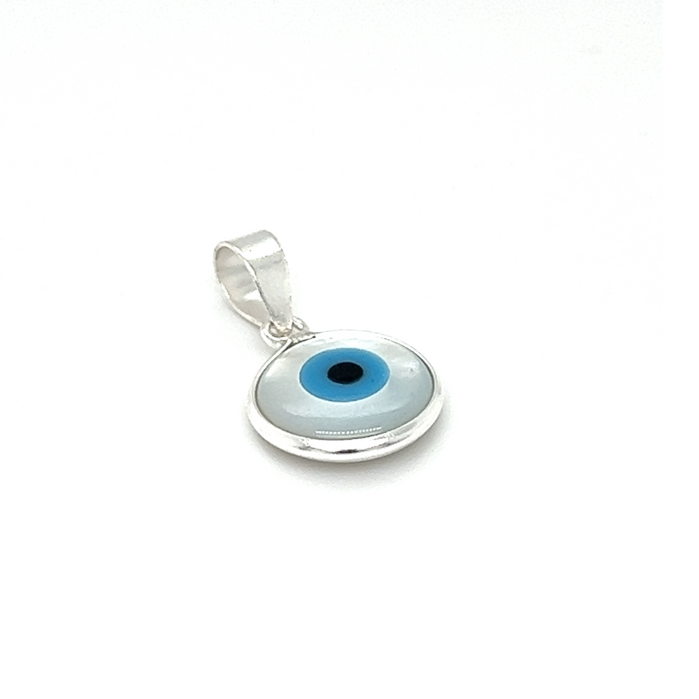 
                  
                    Mother of Pearl Evil Eye Charms on a white background, offering protection.
                  
                