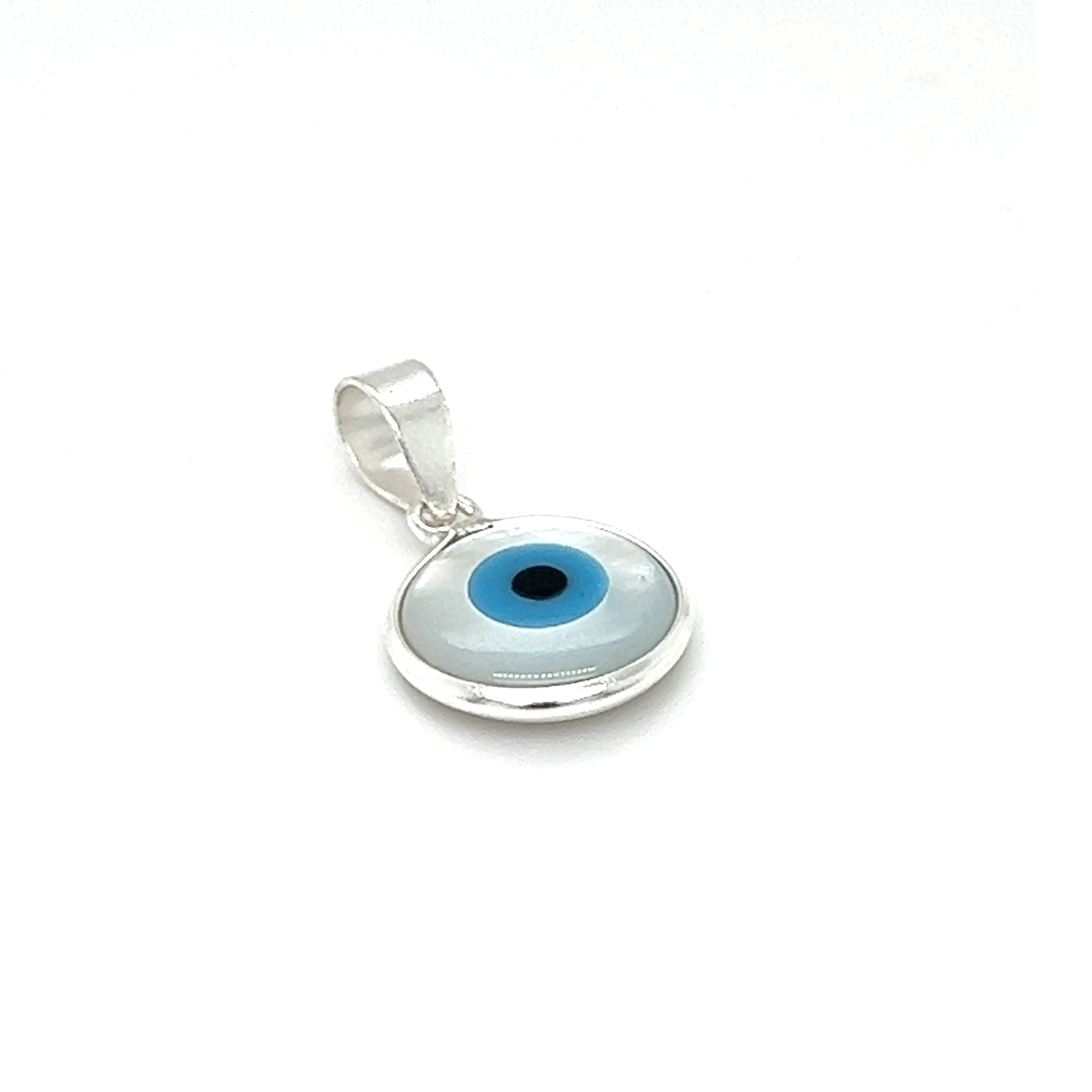 Mother of Pearl Evil Eye Charms on a white background, offering protection.