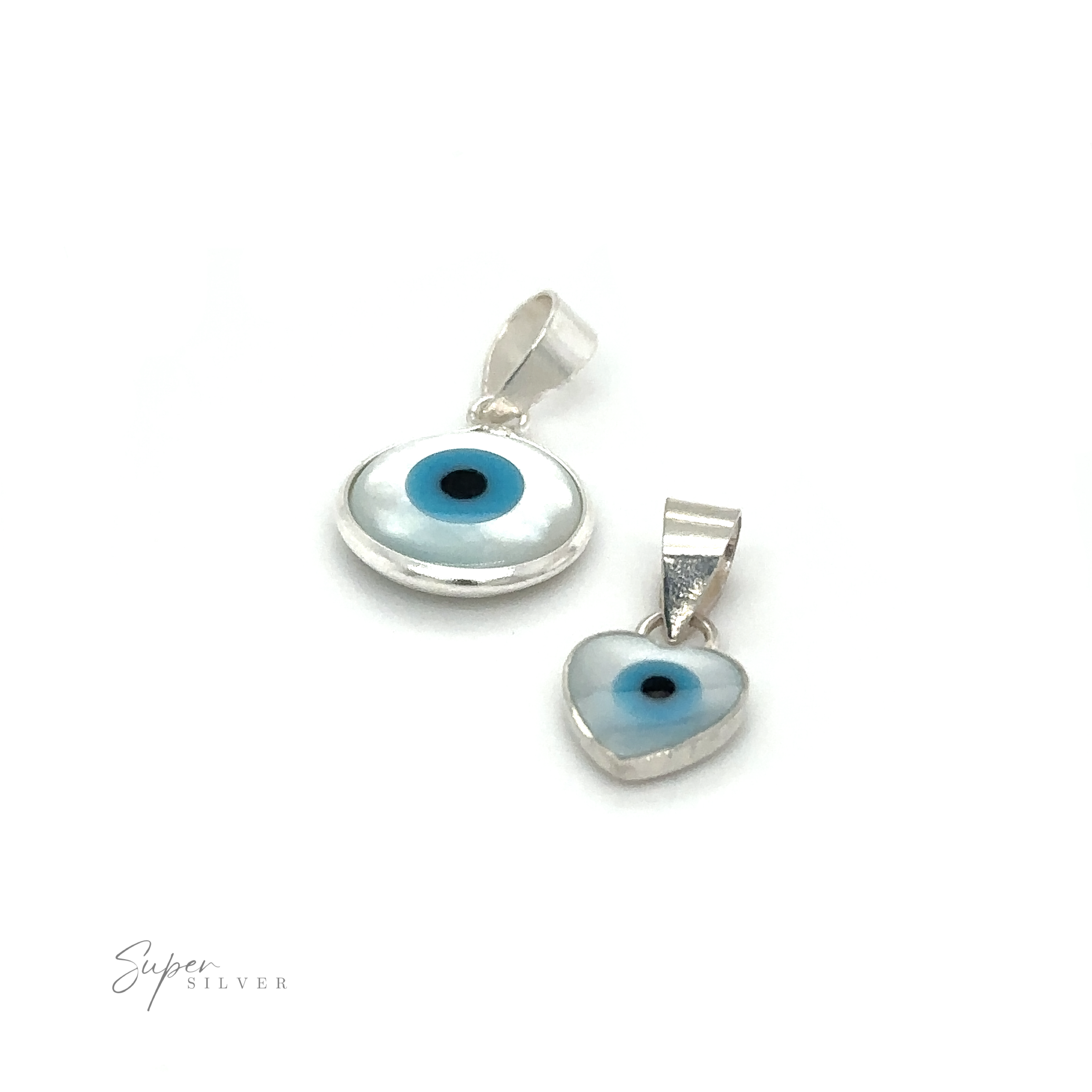 Two Mother of Pearl Evil Eye Charms for protection on a white background.