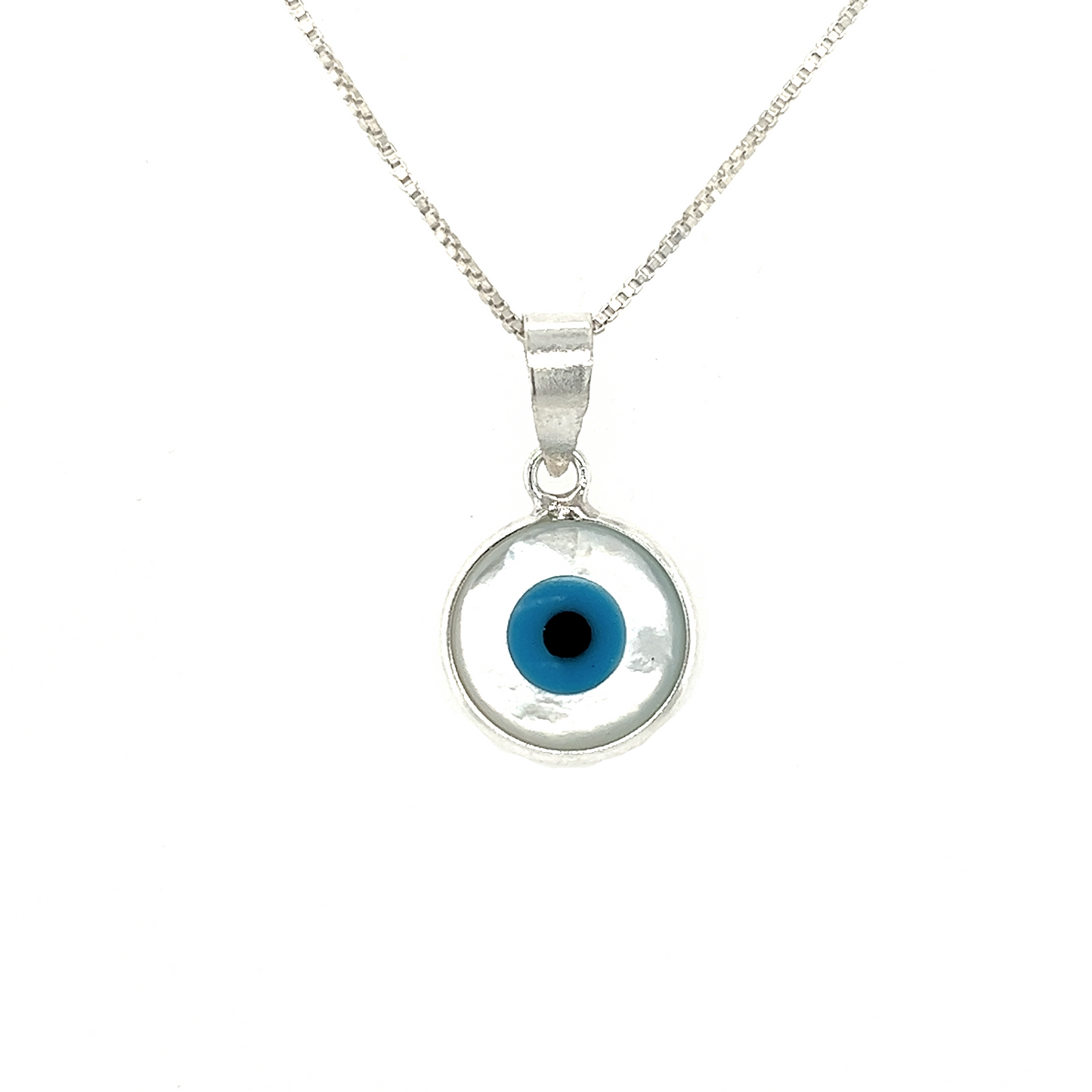 Mother of Pearl Evil Eye Charms on a silver chain, providing protection.