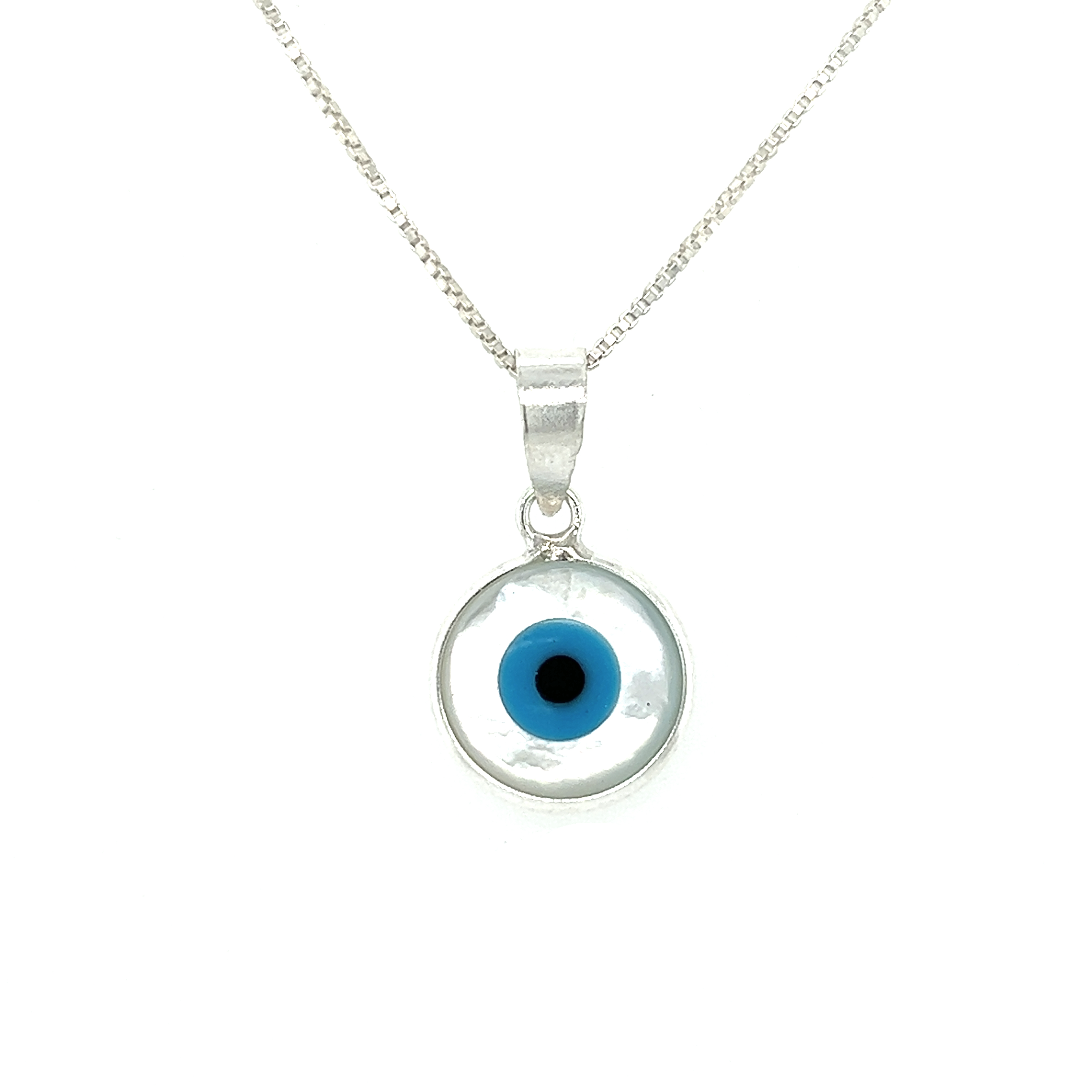 A blue Mother of Pearl Evil Eye Charm pendant on a silver chain, providing protection.
