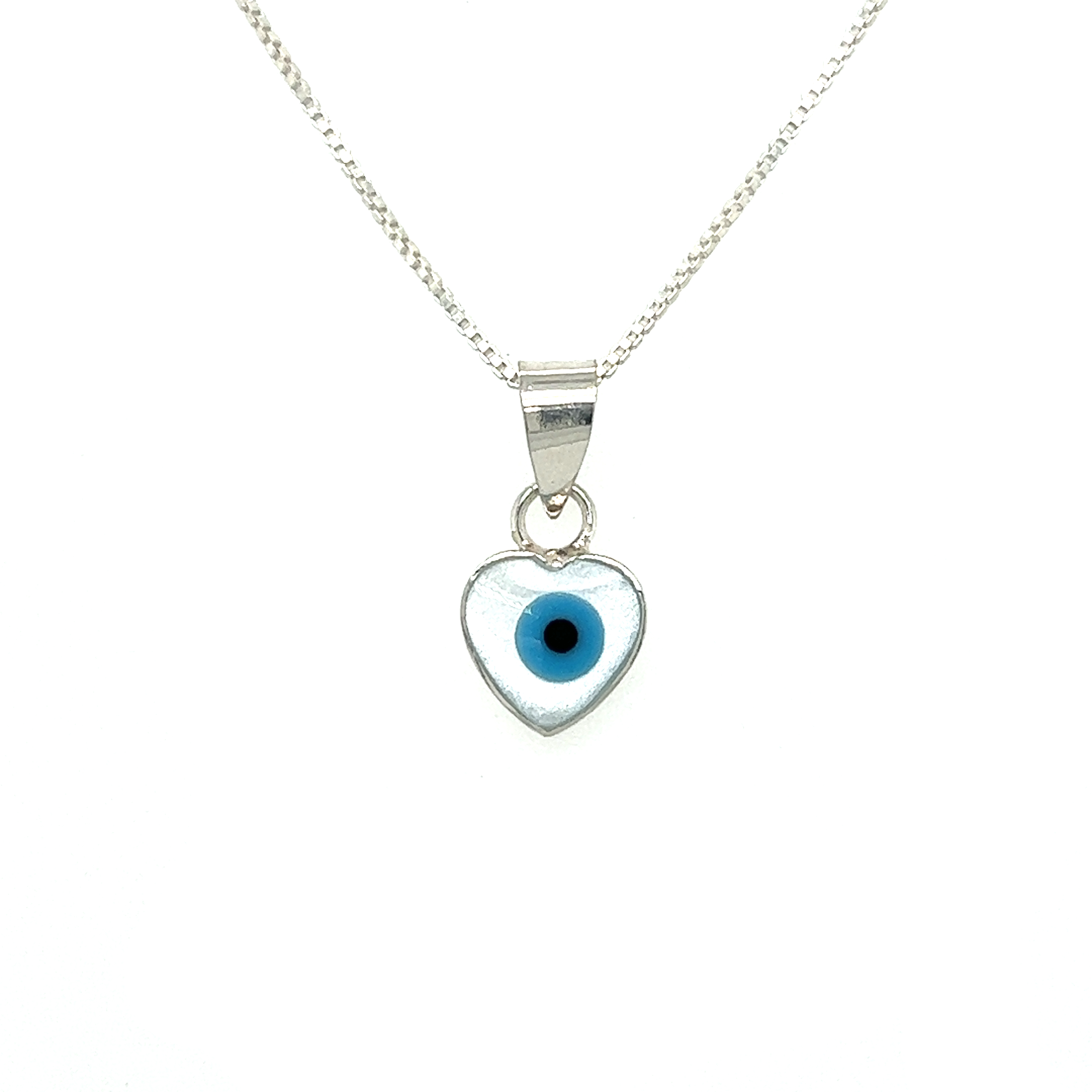 Mother of Pearl Evil Eye Charms pendants with heart shaped glass on a silver chain, providing protection.