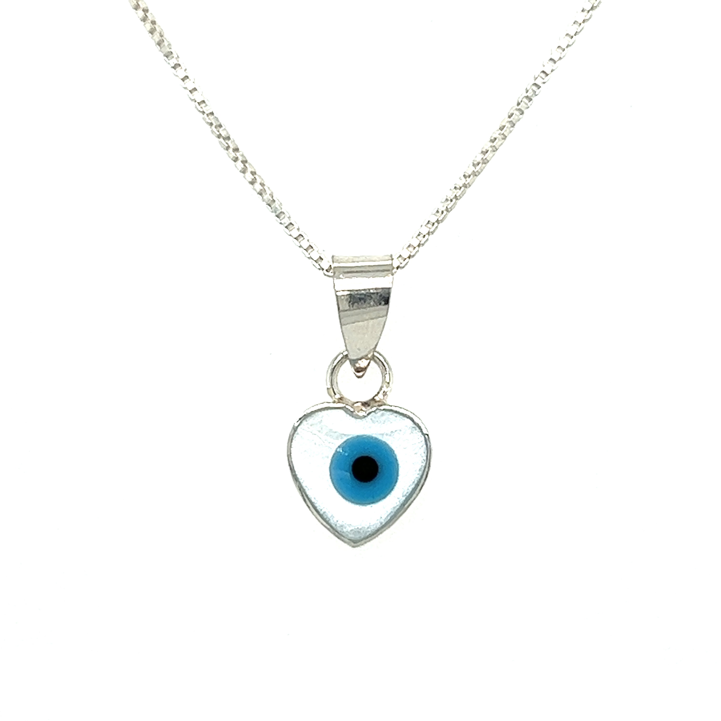 Mother of Pearl Evil Eye Charms on a silver chain, providing protection.