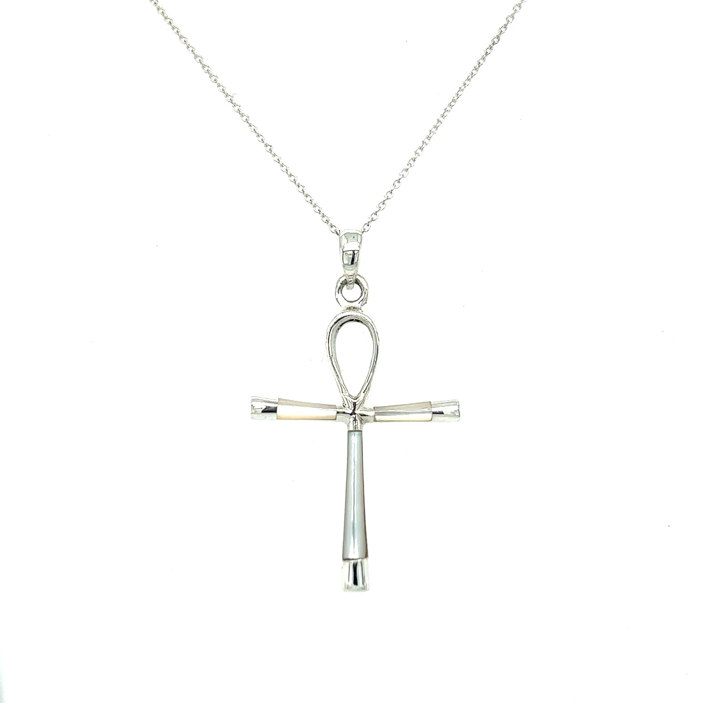 
                  
                    A stunning statement piece, a Super Silver Inlay Stone Ankh Pendant gracefully hangs on a sleek silver chain, capturing the essence of ancient Egypt.
                  
                
