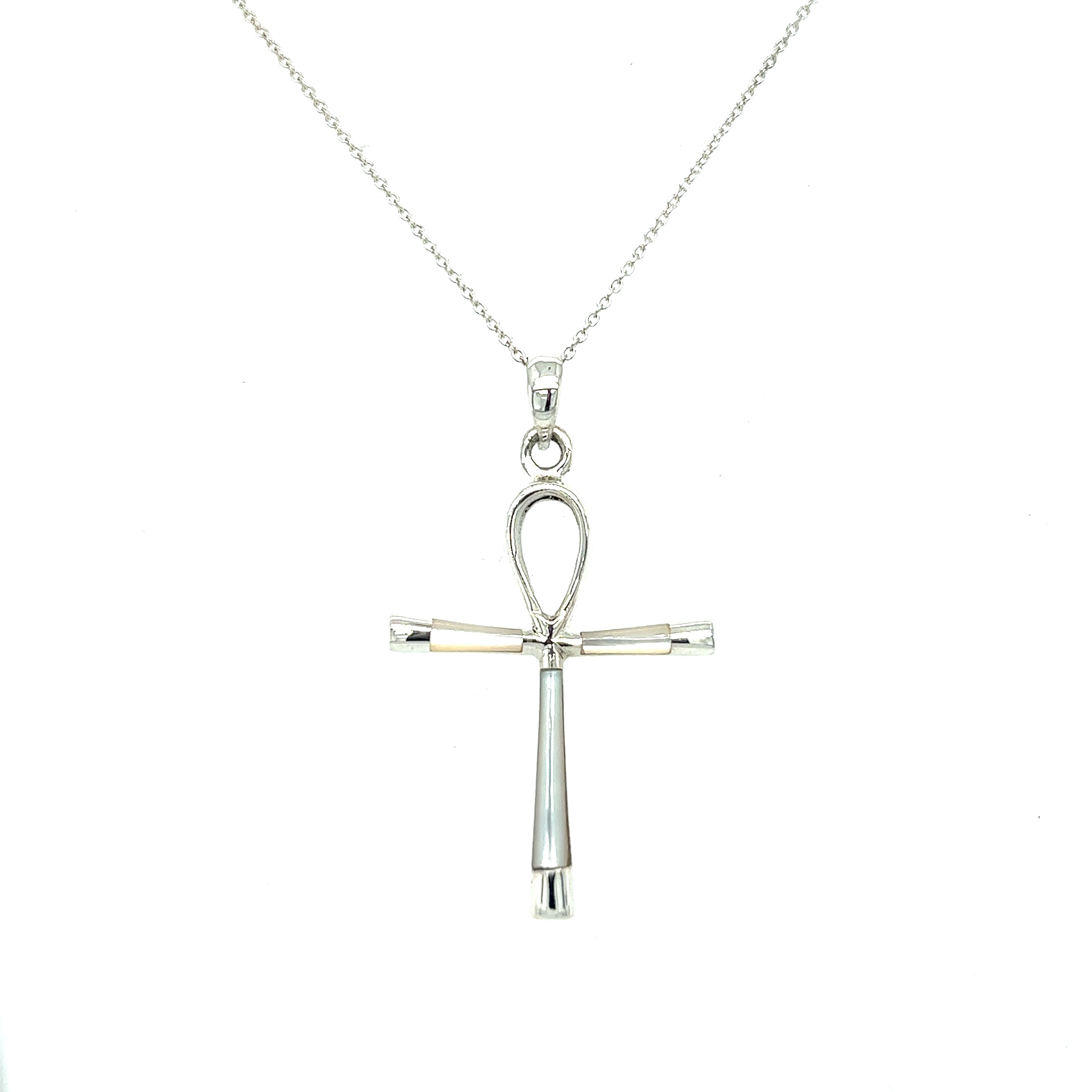 A stunning statement piece, a Super Silver Inlay Stone Ankh Pendant gracefully hangs on a sleek silver chain, capturing the essence of ancient Egypt.