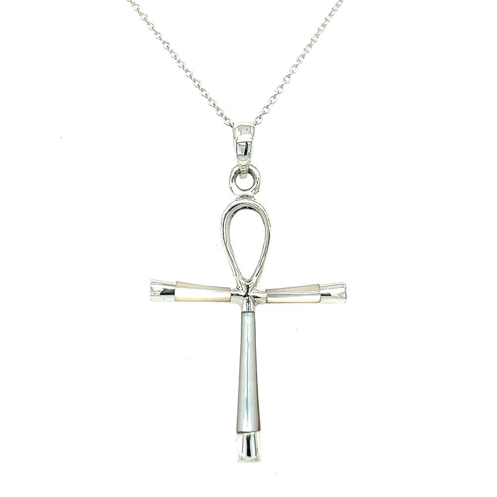 
                  
                    A statement piece from ancient Egypt, a Super Silver Inlay Stone Ankh Pendant on a silver chain.
                  
                
