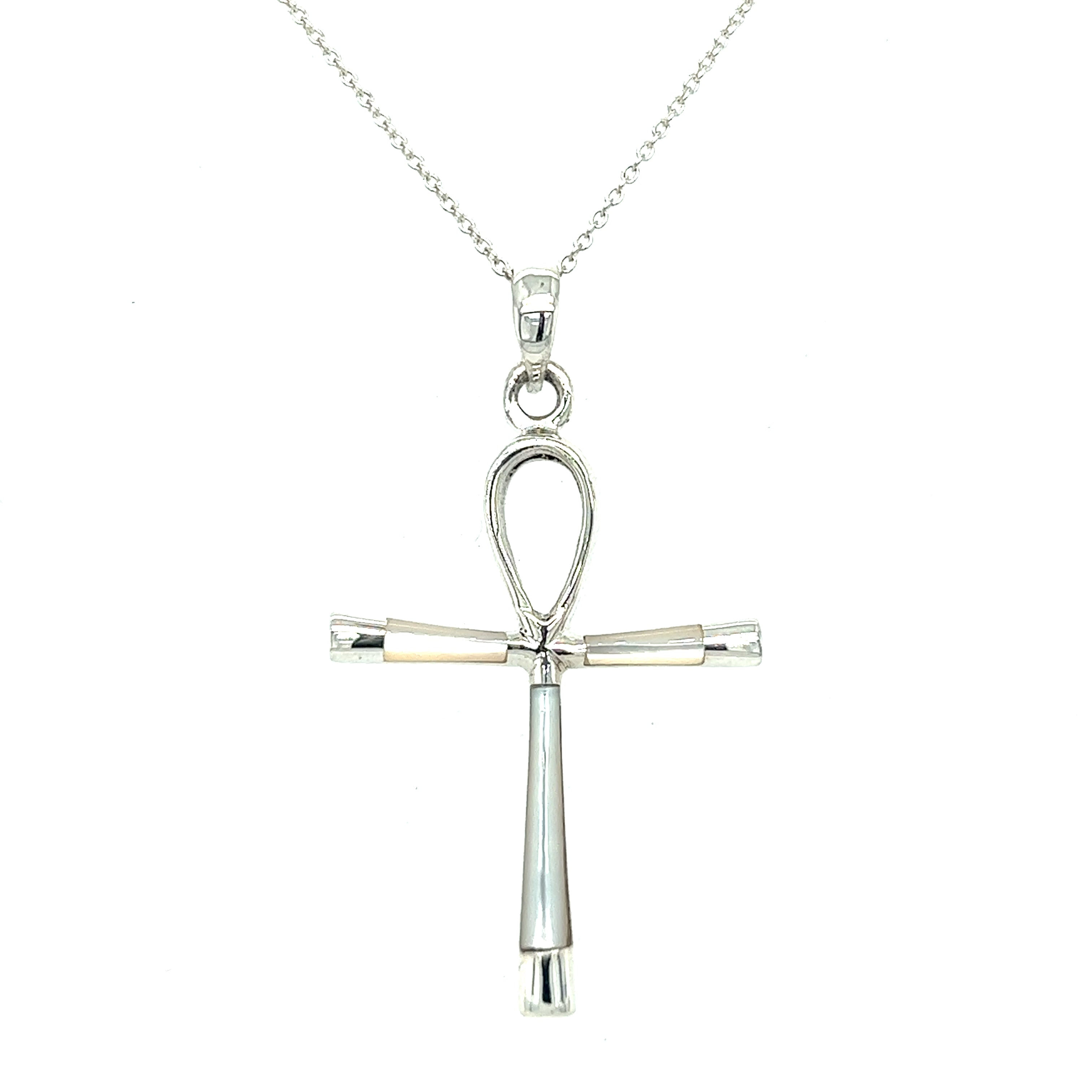 A statement piece from ancient Egypt, a Super Silver Inlay Stone Ankh Pendant on a silver chain.