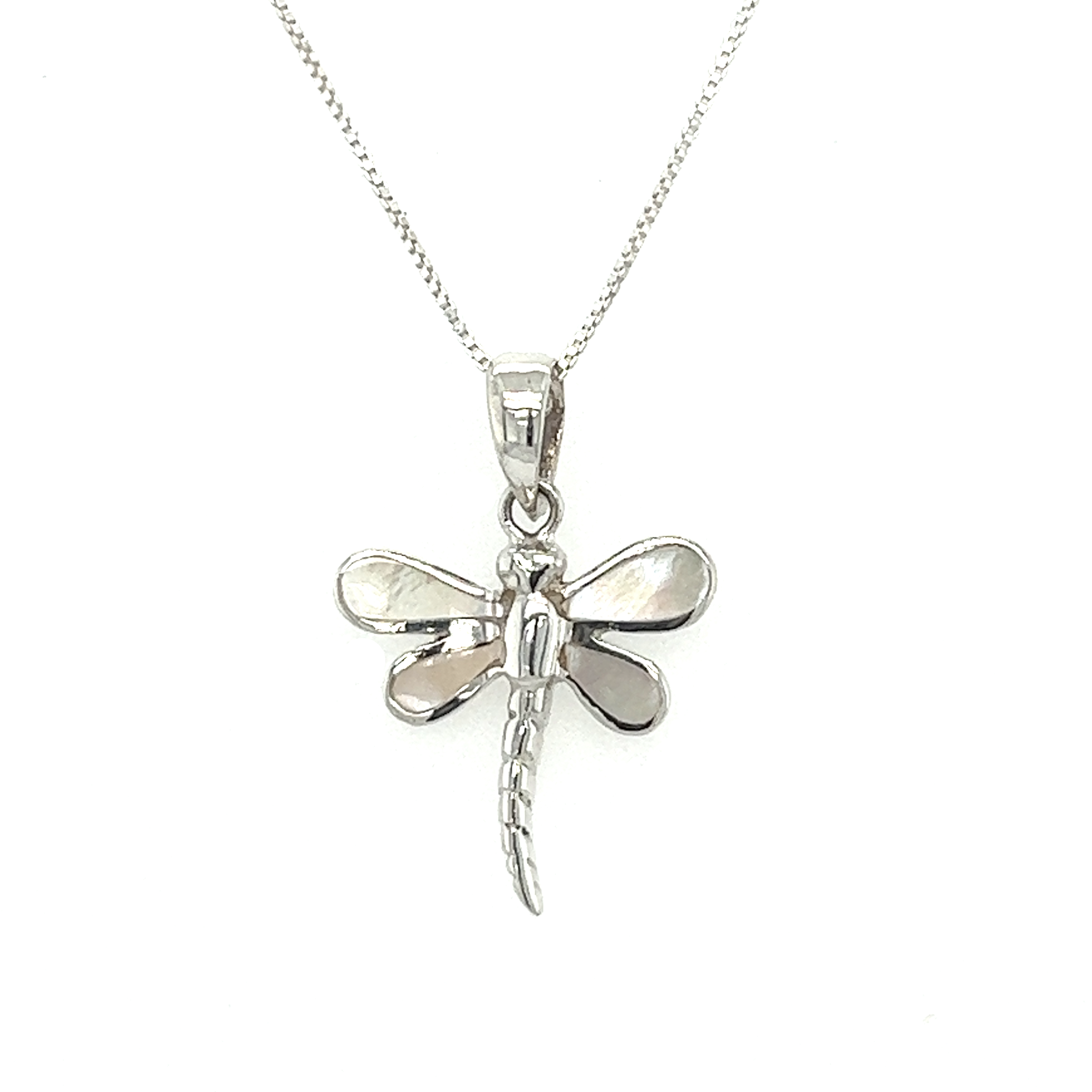 An inlay stone dragonfly pendant delicately hangs from a dainty chain, radiating elegance and charm.
