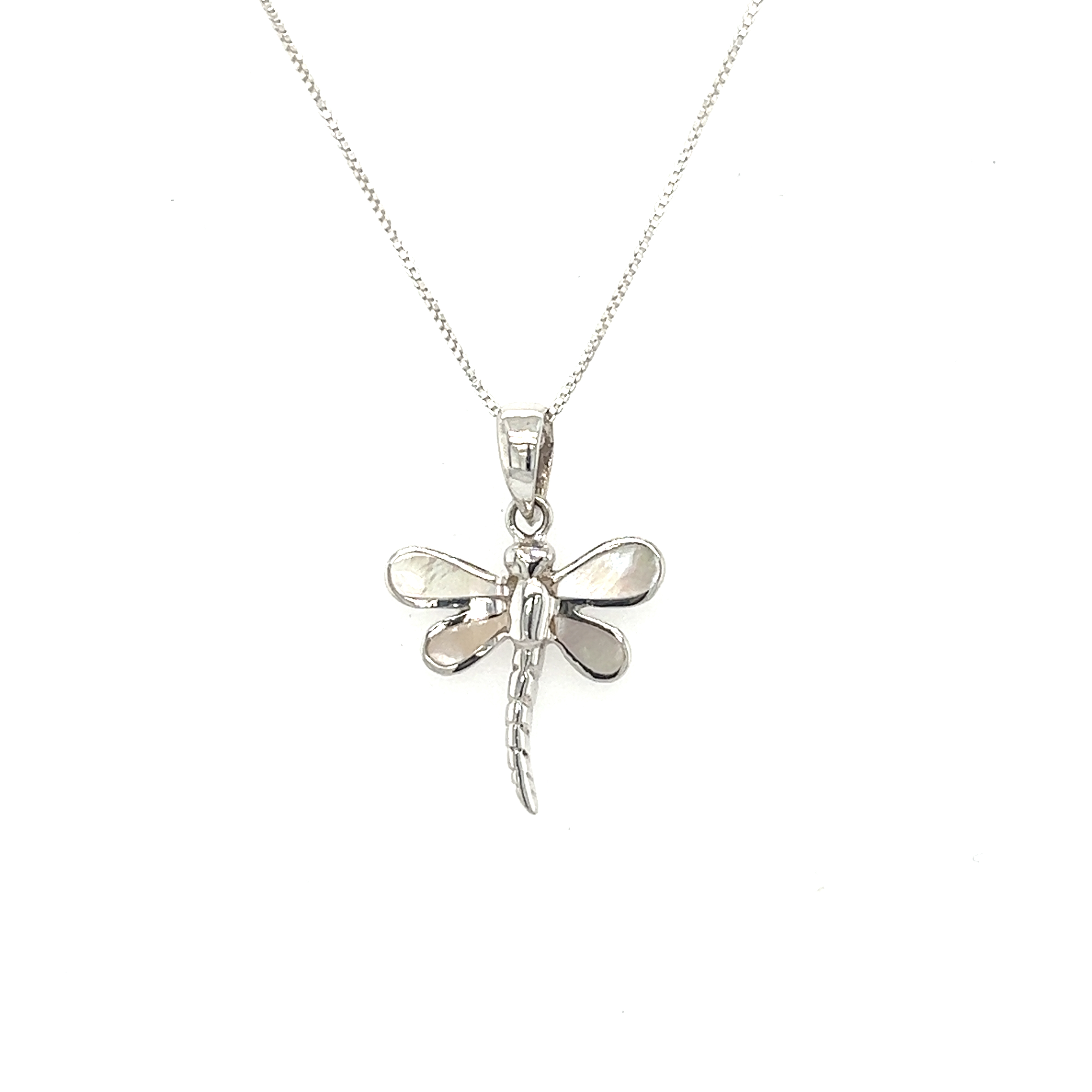 An elegant Inlay Stone Dragonfly Pendant gracefully suspended on a delicate chain.