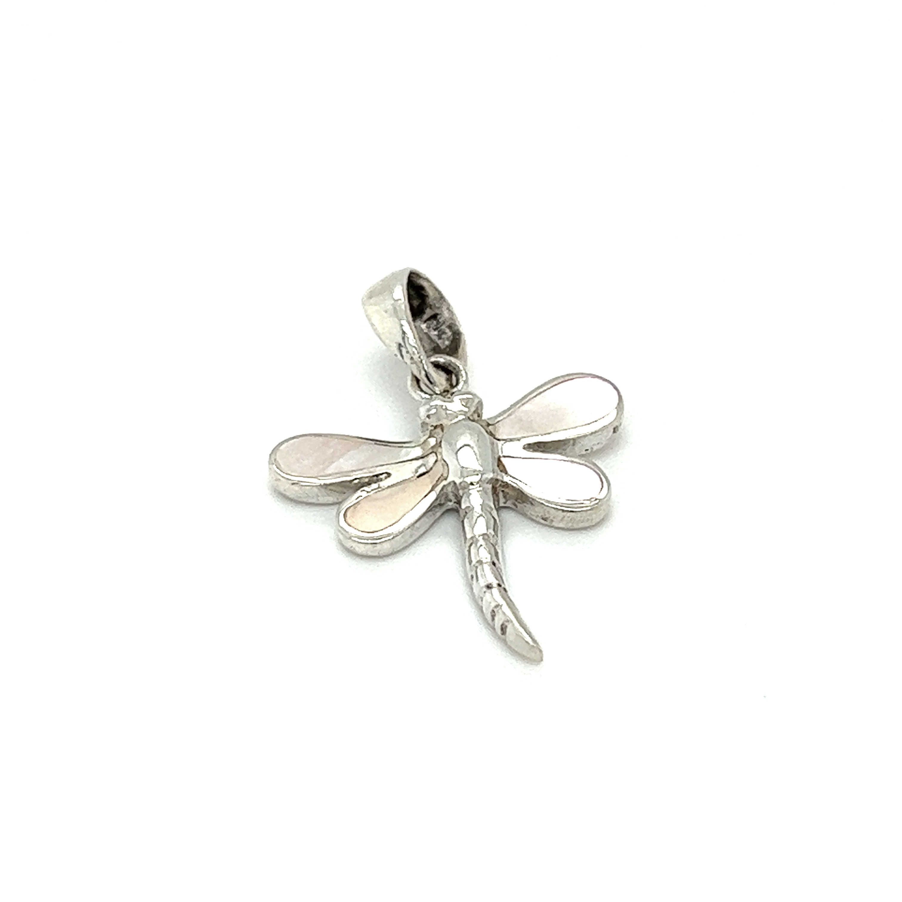 An Inlay Stone Dragonfly Pendant on a white background. This beautiful pendant is intricately designed with exquisite craftsmanship, showcasing the enchanting allure of a dragonfly. Crafted in shining silver, it
