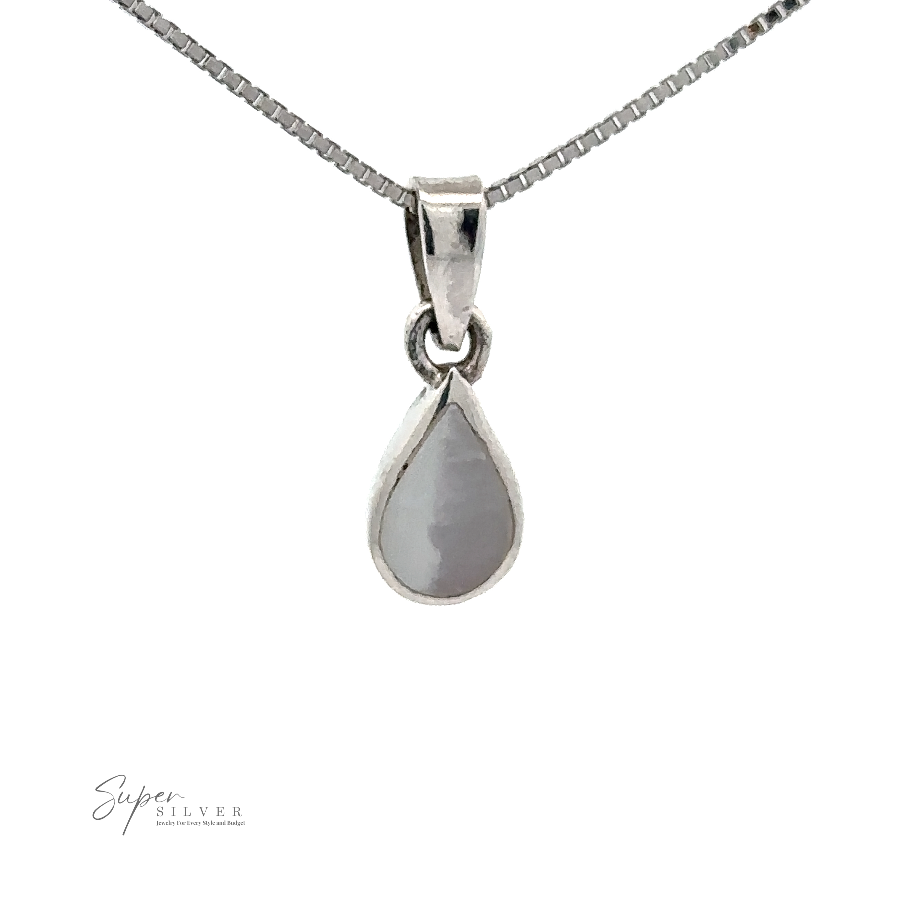 A sterling silver necklace featuring a Tiny Inlay Teardrop Pendant with a light-colored stone and a small "Super Silver" logo in the bottom left corner, perfect for those who appreciate minimal jewelry.