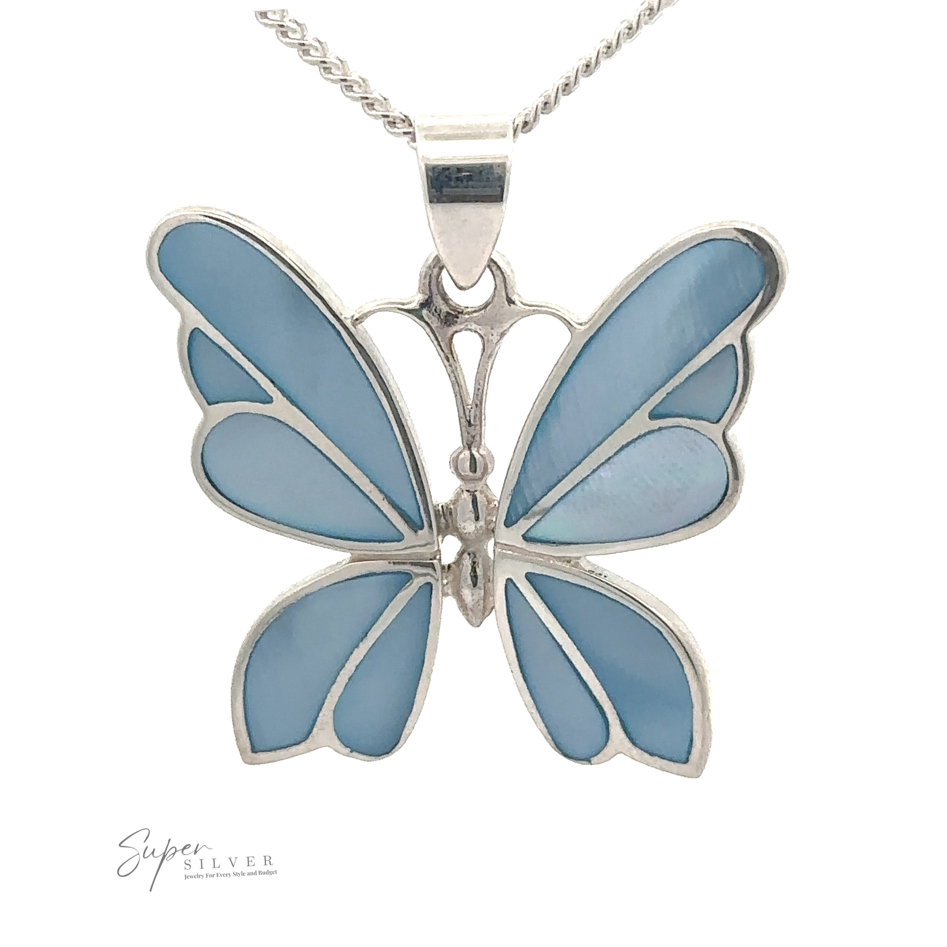 A Medium Inlay Butterfly Pendant adorned with turquoise inlays on a silver chain.