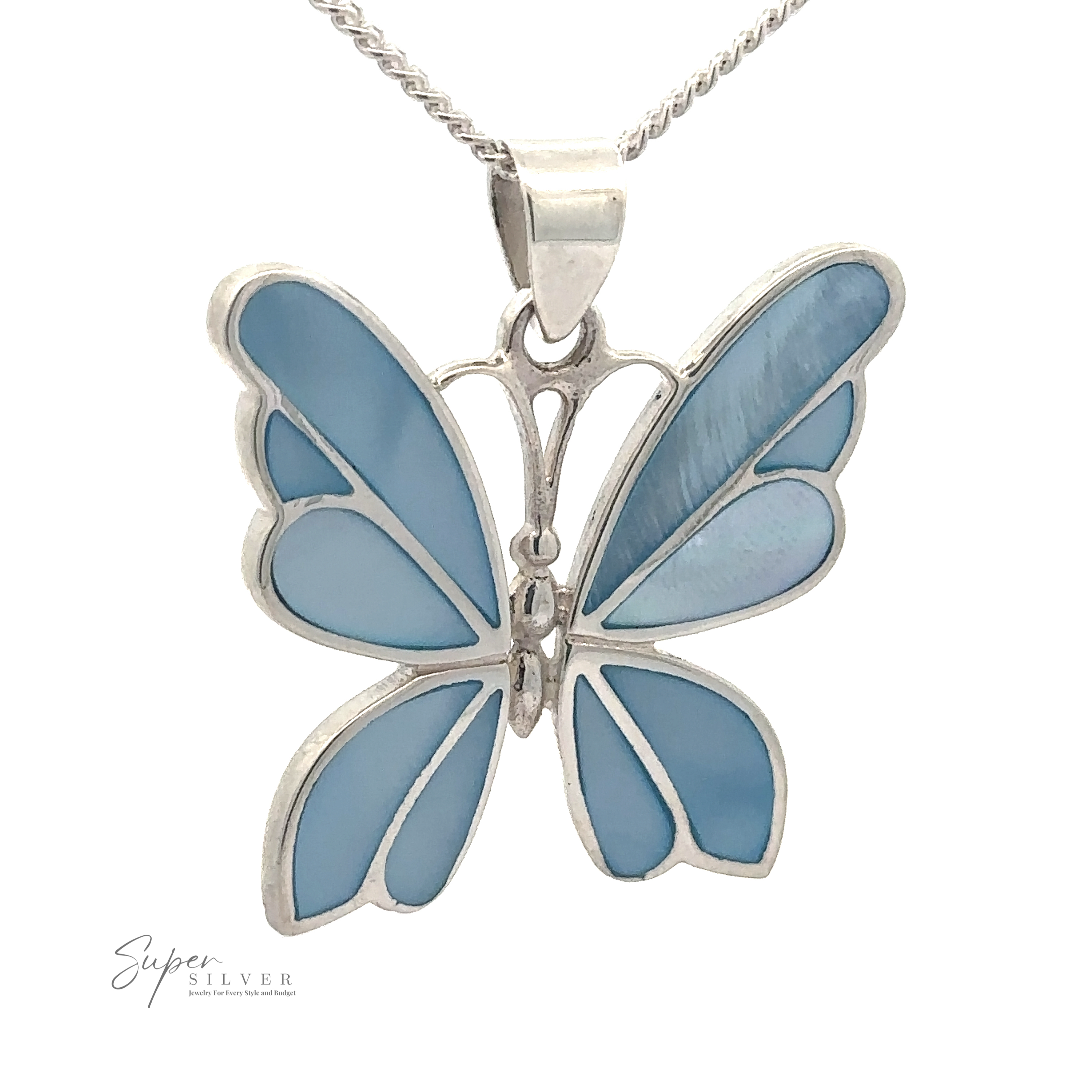 A Medium Inlay Butterfly Pendant featuring a butterfly pendant with turquoise enamel wings. The chain is also made of silver. The pendant has the text "Super Silver" on the bottom left.