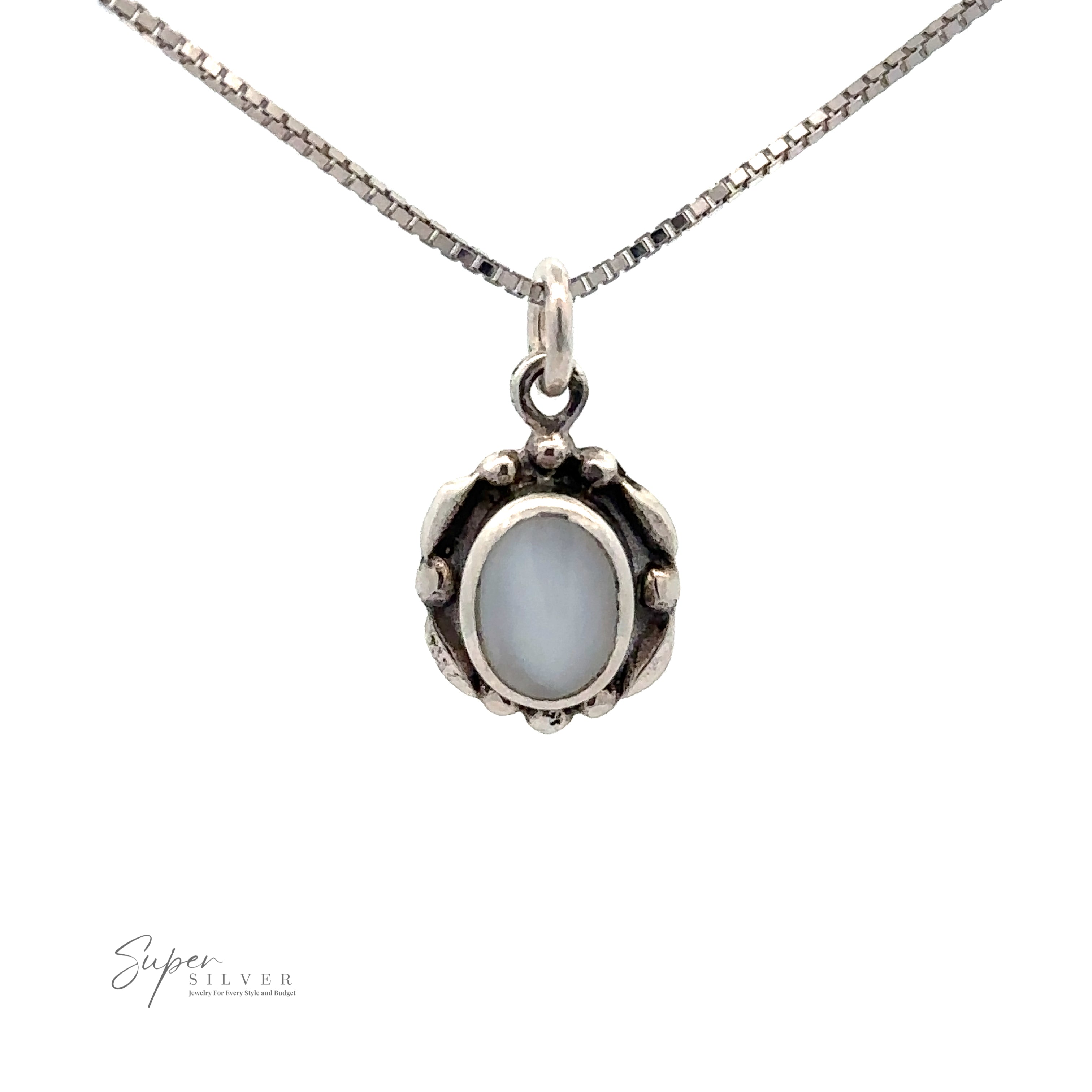 A Beautiful Oval Stone Pendant With Silver Border hangs against a plain background. The inscription "Super Silver" is visible in the bottom left corner.