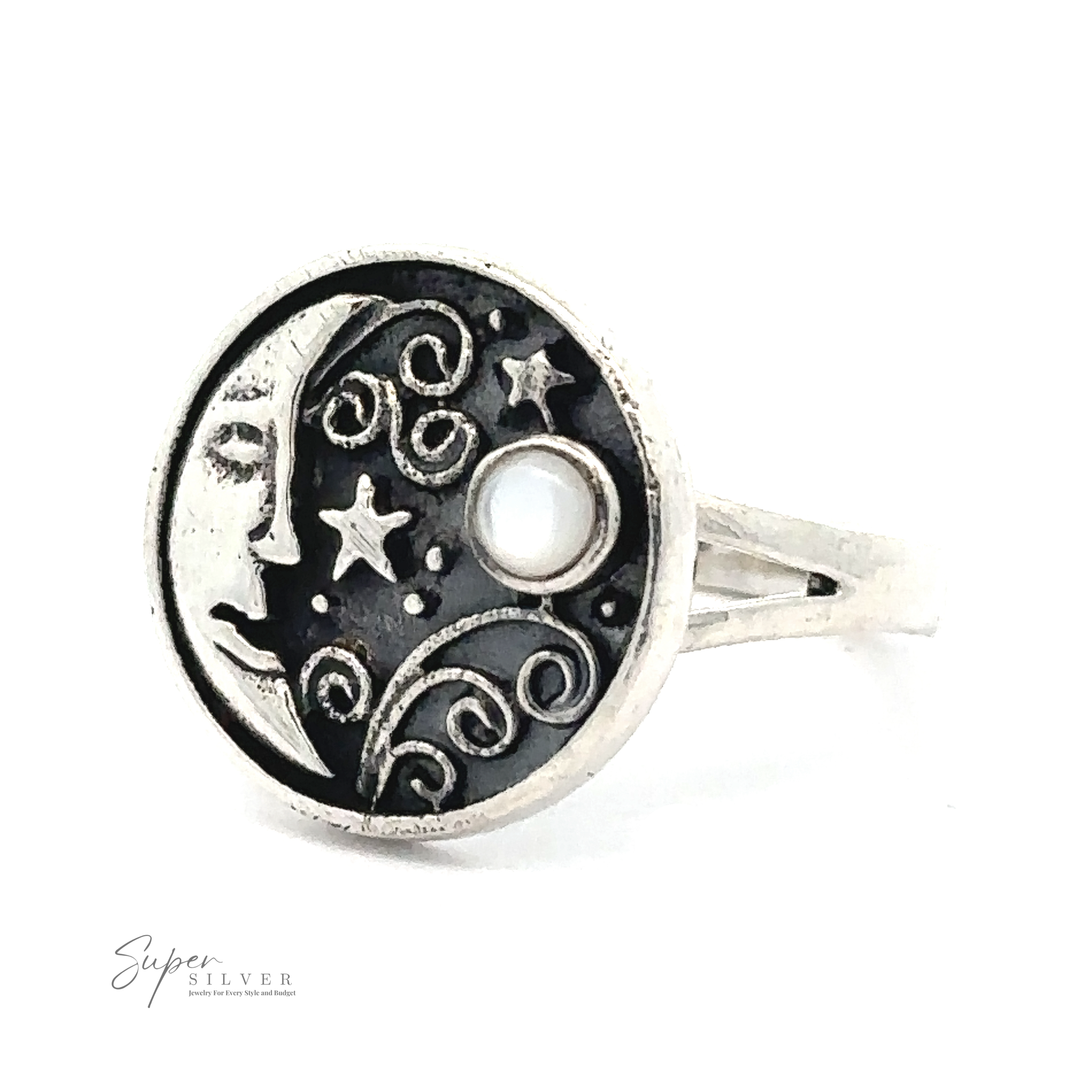A Circular Vintage Style Moon Ring With Inlaid Stone in sterling silver, featuring a celestial design with the face of the moon, stars, and swirls, accented by a small circular pearl-like detail.