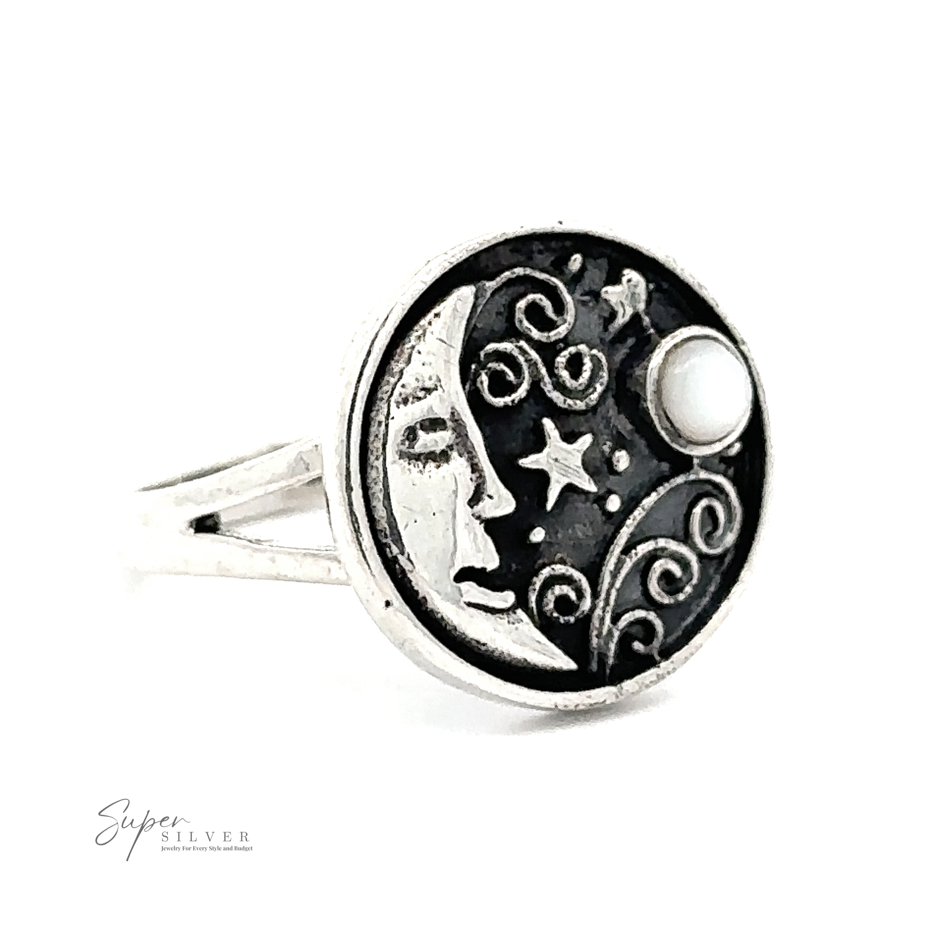 A Circular Vintage Style Moon Ring With Inlaid Stone featuring a round black face with a crescent moon, stars, and swirls design. The vintage style piece includes the brand name "Super Silver" in small text on the bottom left.