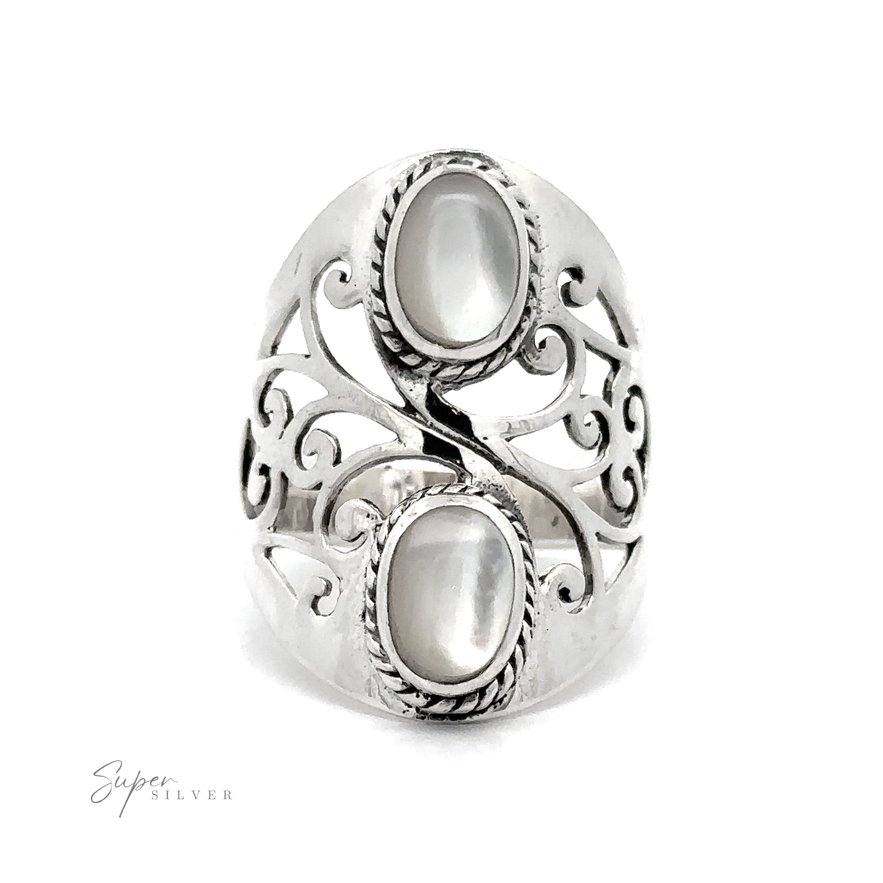 Introducing the Boho-Inspired Ring With Inlaid Stones: a stunning silver ring adorned with intricate filigree detailing and scrollwork design, featuring two cabochon-cut oval white stones. Complete with a "Super Silver" mark, this ring adds a bohemian twist to your style.