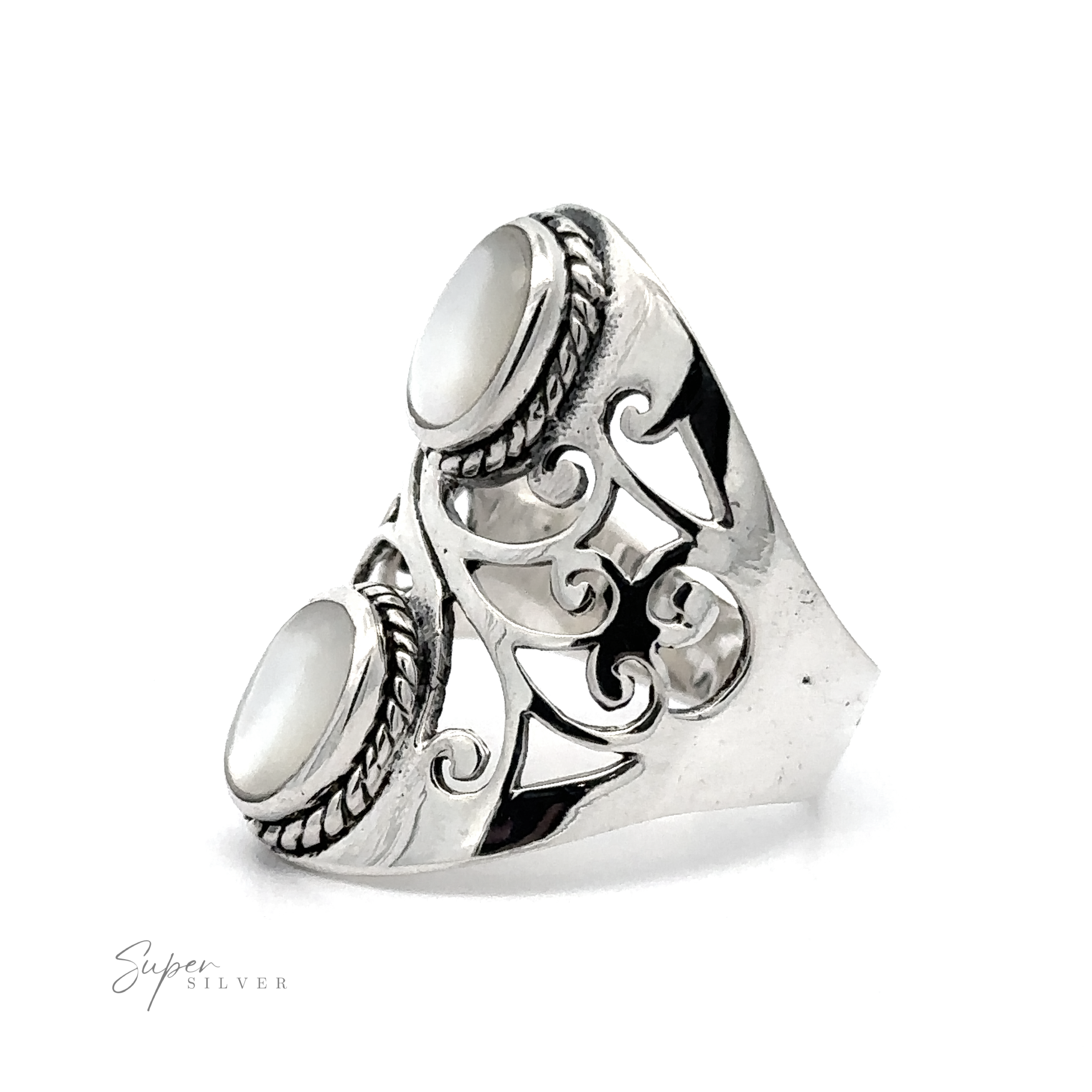 Introducing the Boho-Inspired Ring With Inlaid Stones, a .925 Sterling Silver filigree shield ring that boasts an ornate design complemented by two white gemstone embellishments. The ring is elegantly finished with a "Super Silver" logo in the bottom left corner.