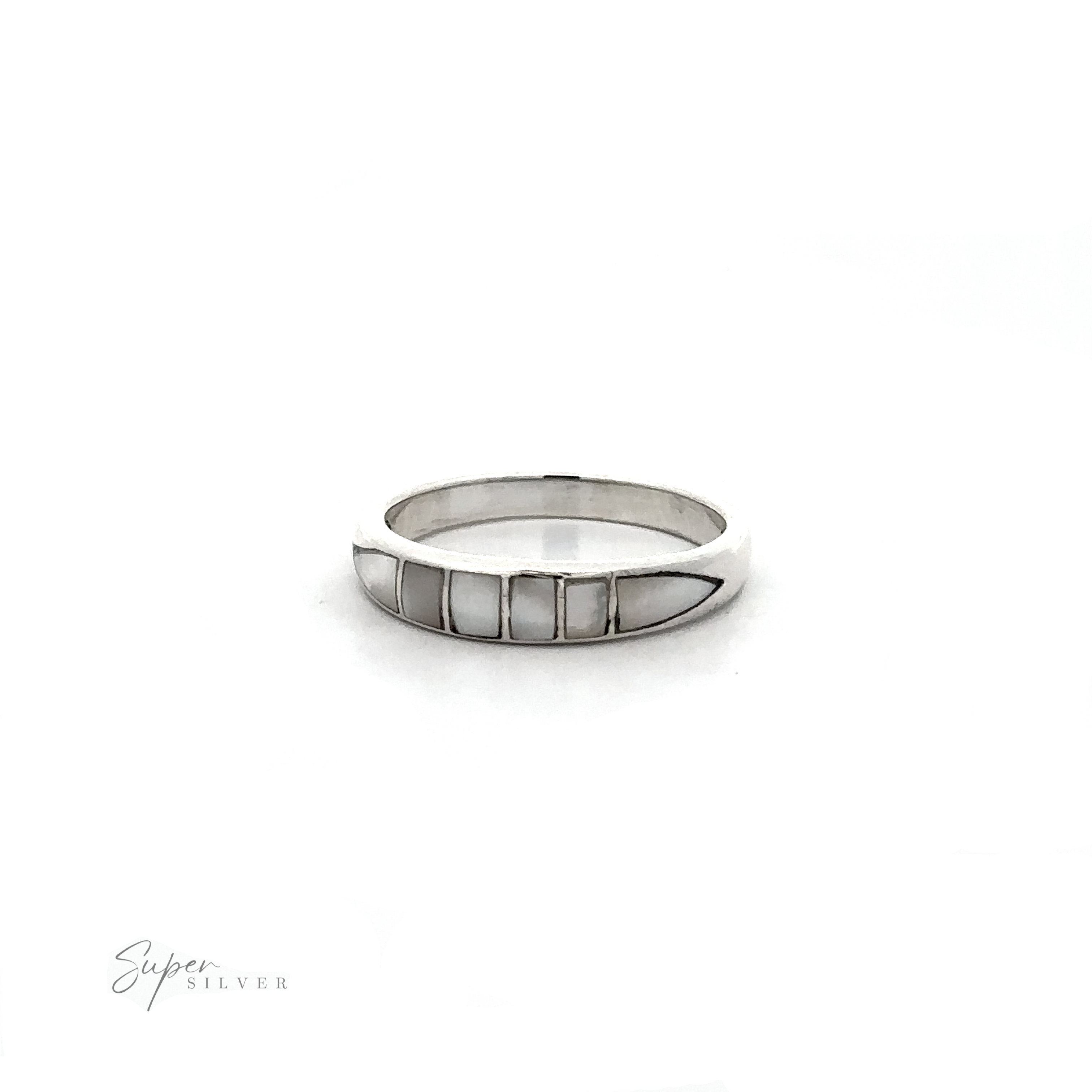 A white gold Inlay Stone Band with a dome design and inlaid white mother of pearl, perfect for stacking.
