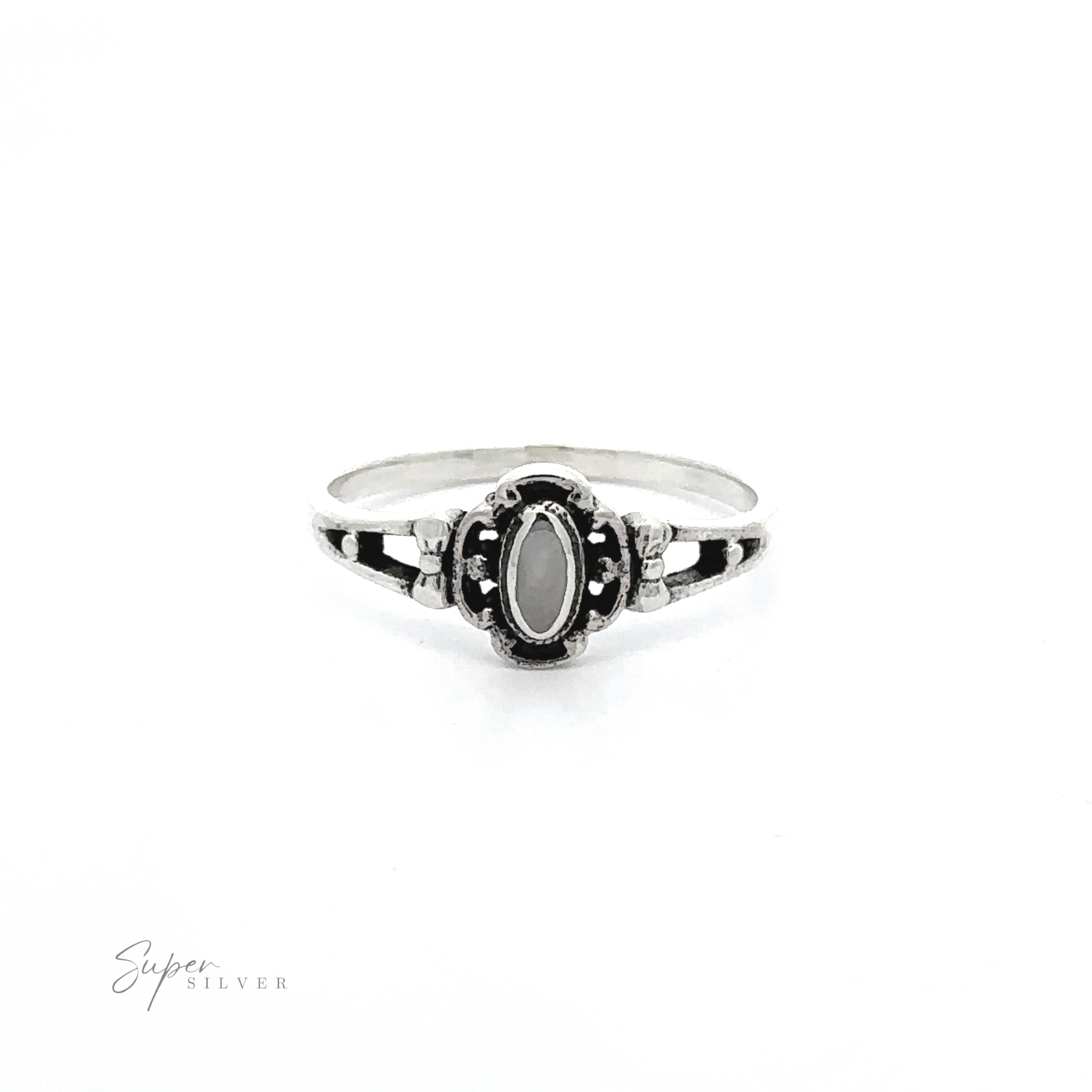 A sterling silver Oval Inlay Stone Ring with an oval stone in the middle.