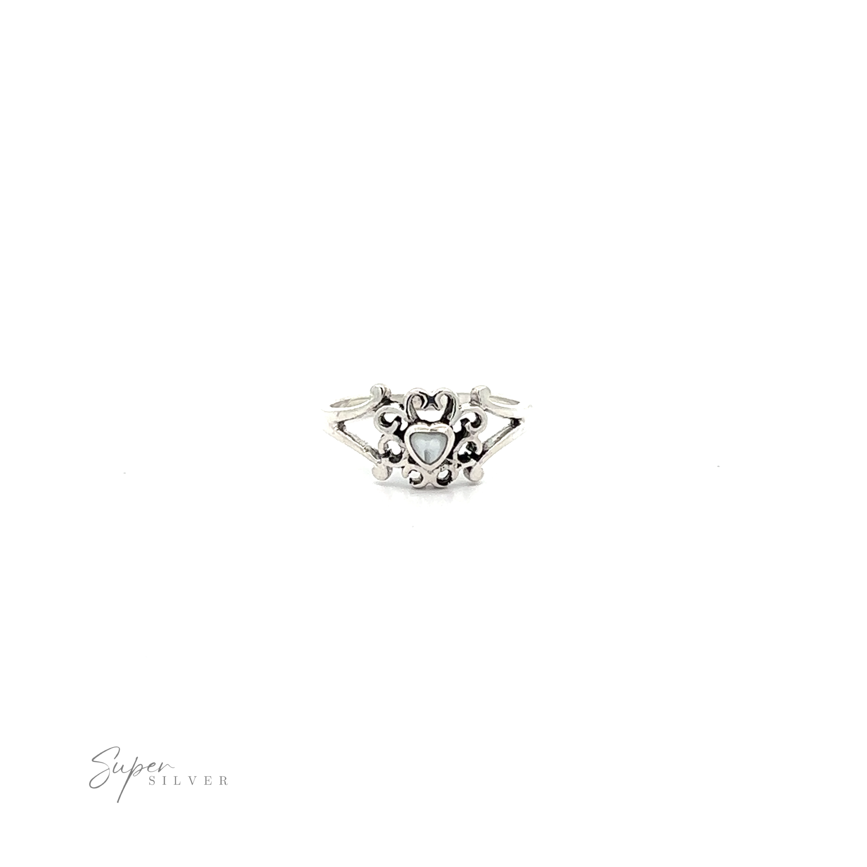 A Sterling Silver Ring with a Filigree Design Surround Inlaid Stone Heart.