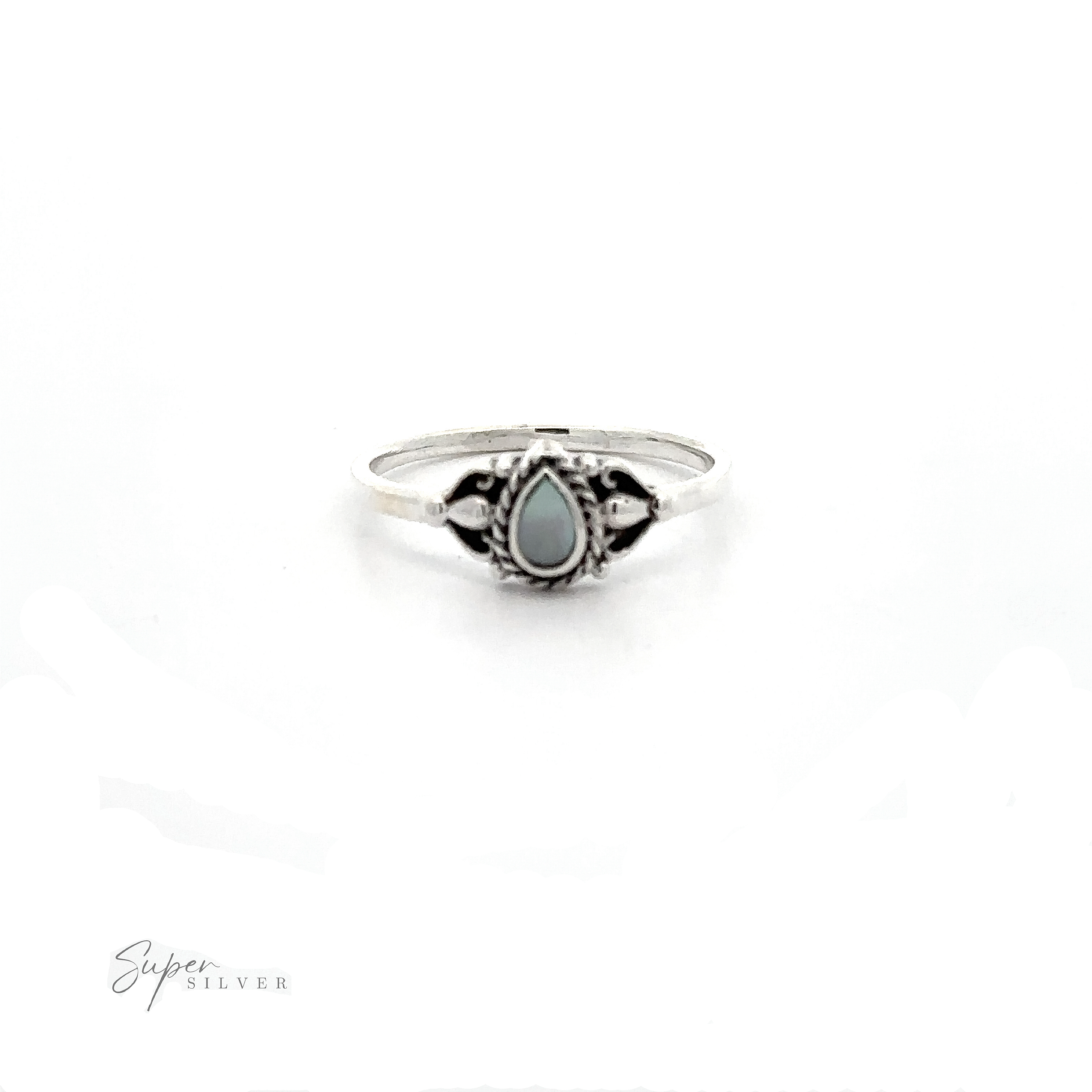 A Delicate Teardrop Inlay Stone Ring with Vintage Look with an inlaid turquoise stone.