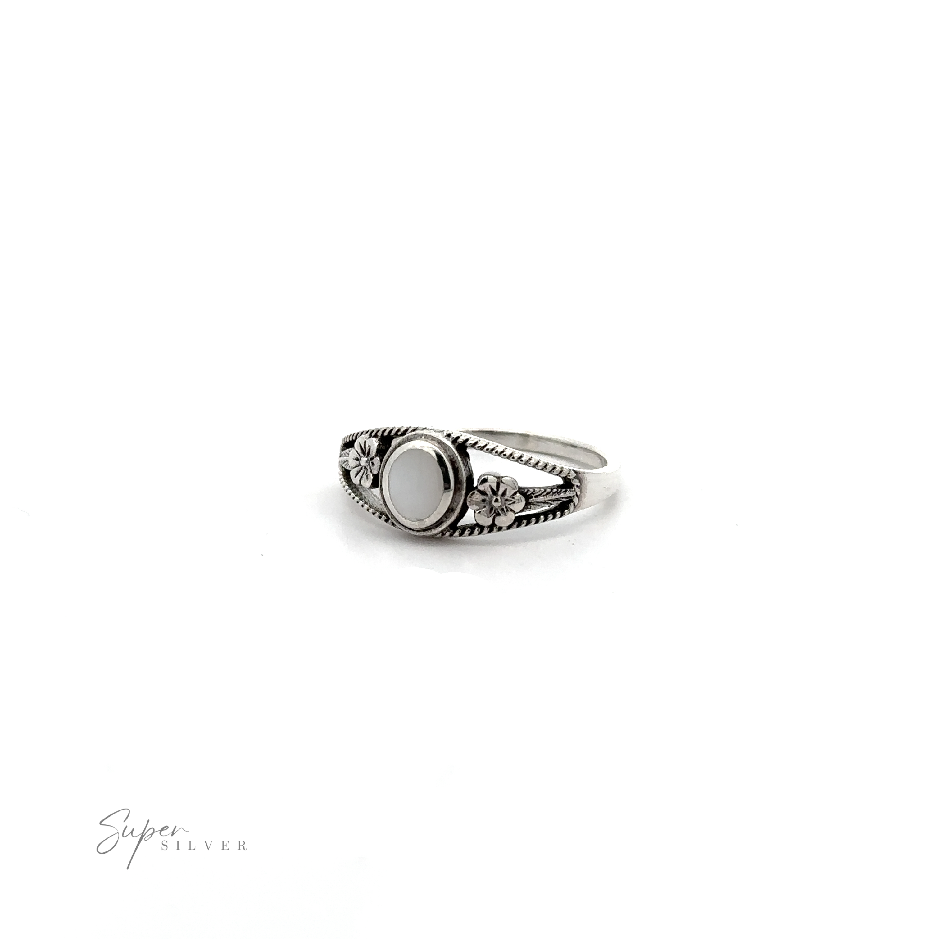An Inlay Stone Ring with Flower and Rope Design, set against a white background.