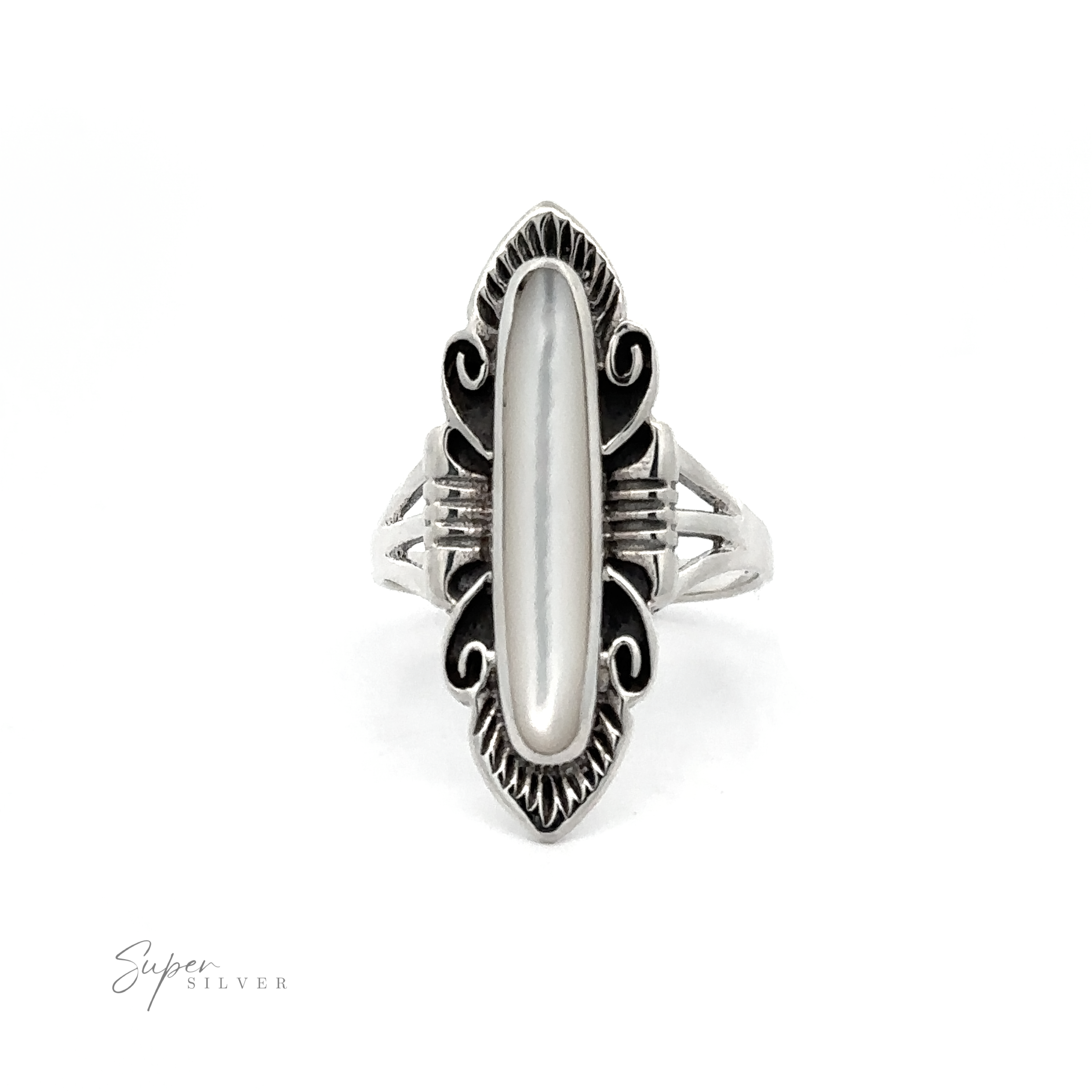 An elegant Southwest inspired ring with an inlaid white stone made of Sterling Silver.