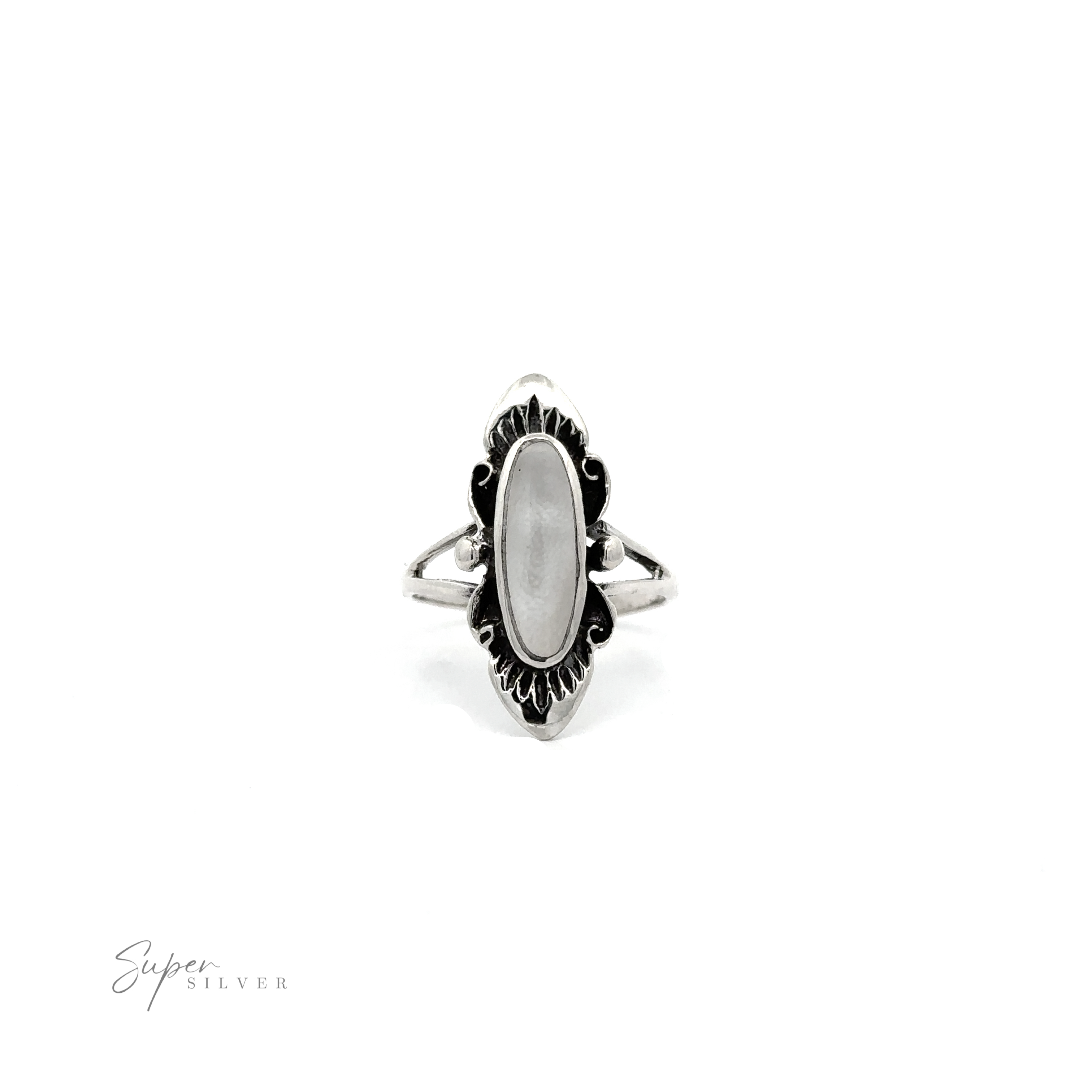A fashionable Southwest Inspired Elongated Oval Ring on a white background
