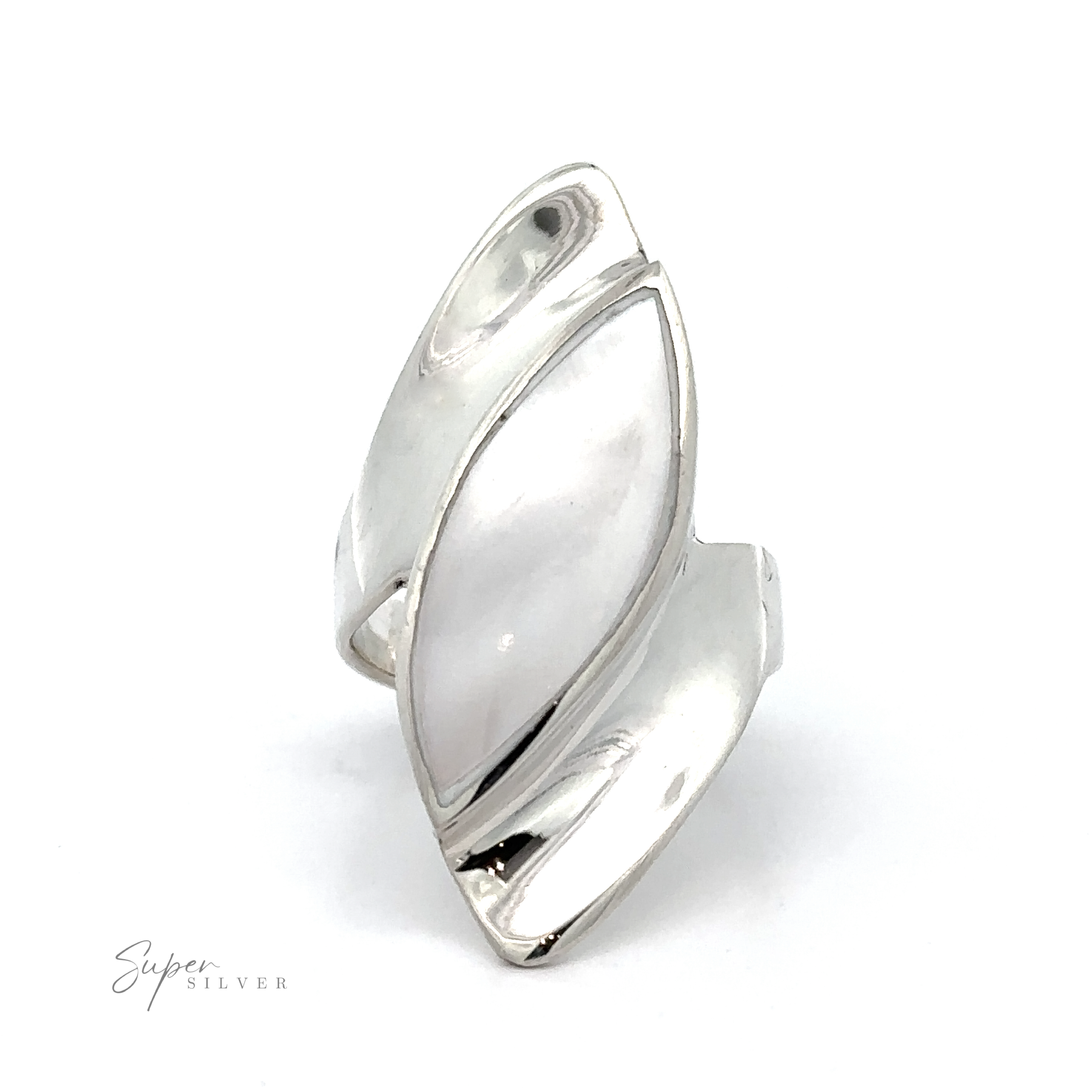 A Modern Marquise Shaped Inlaid Stone ring with inlaid mother of pearl on a white background.