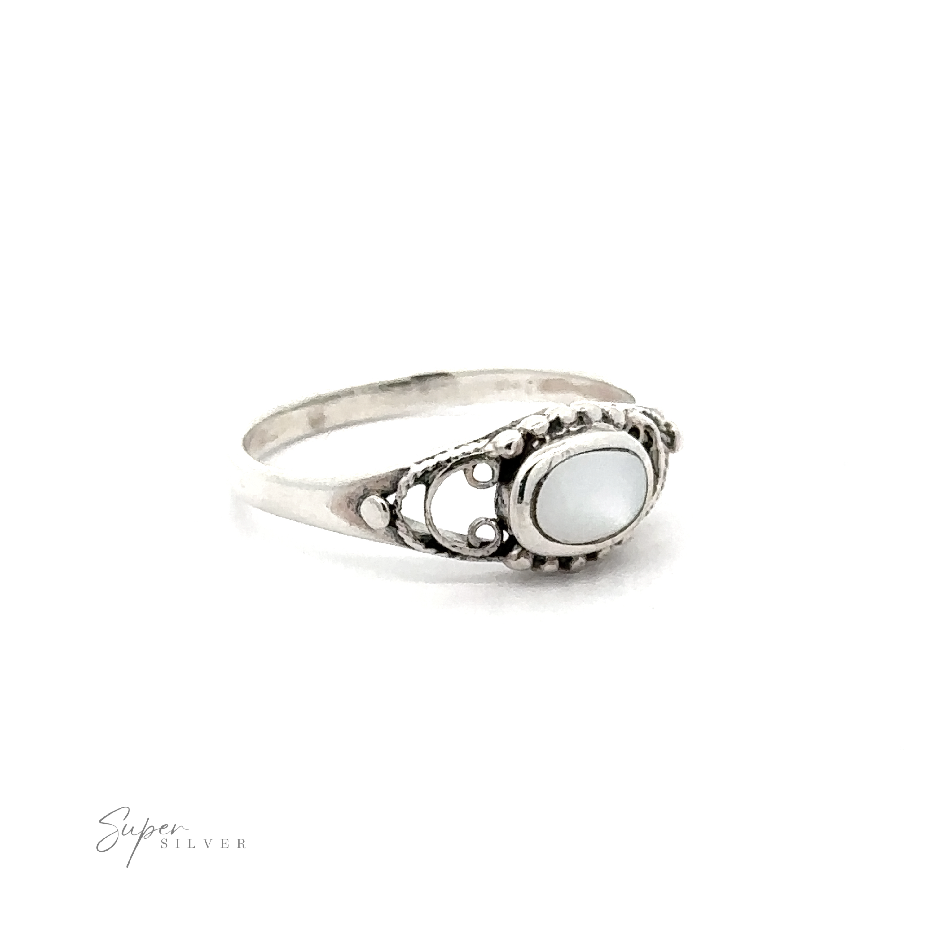 A sterling silver Oval Stone Ring With Delicate Border.