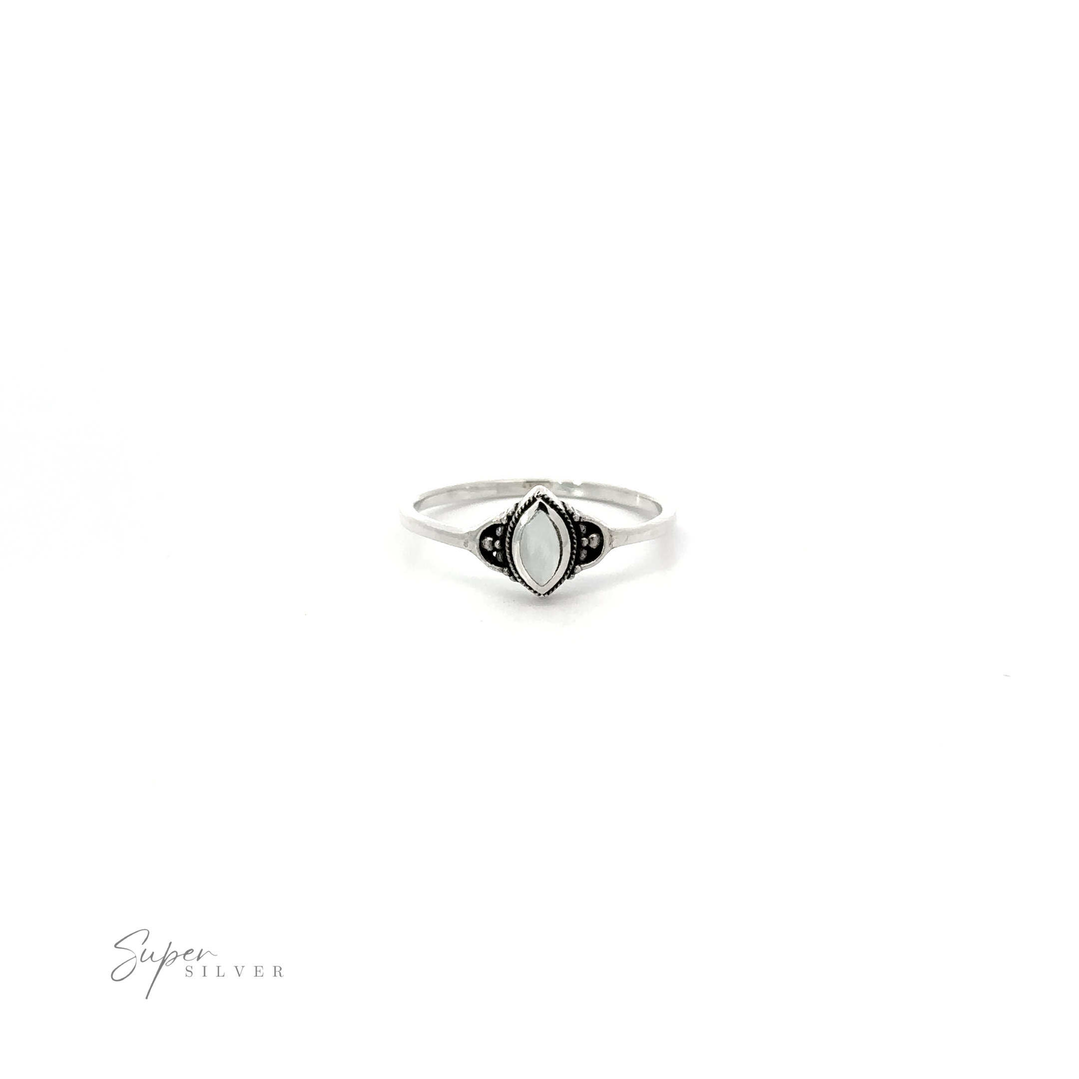 A Delicate Marquise Inlaid Stone Ring in sterling silver with black and white stones.