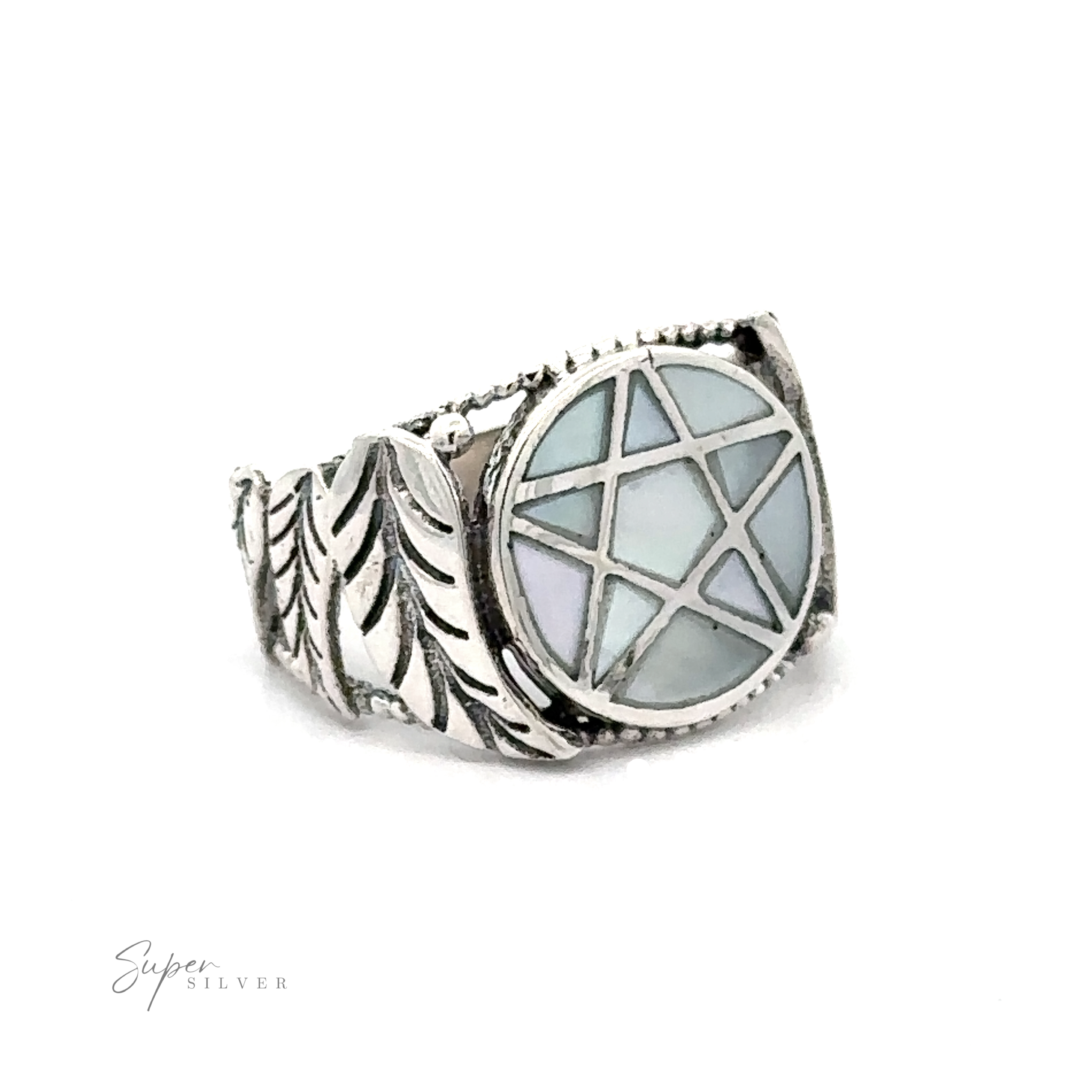 Pentagram ring with geometric blue inlay and leaf-patterned band.