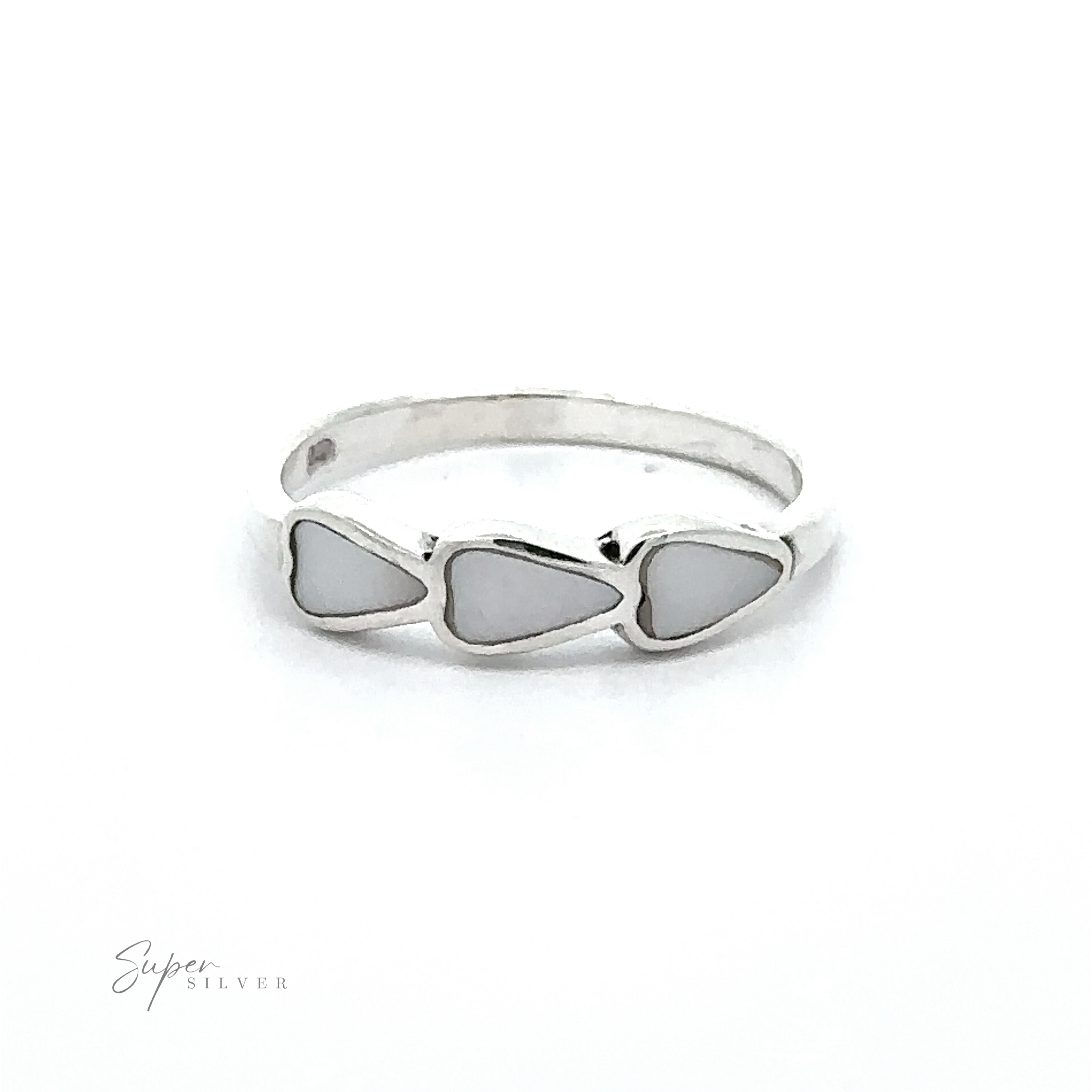 A Triple Heart Ring with Inlaid Stones adorned with three white triangles.