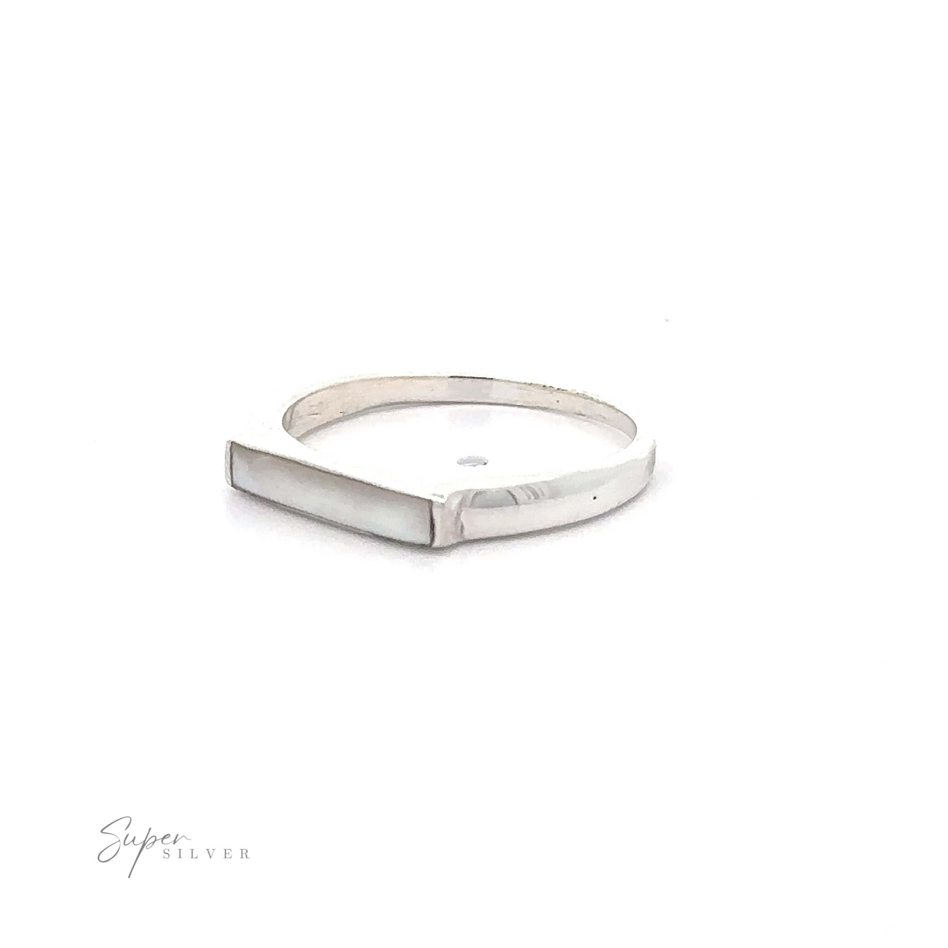 A sleek, .925 Sterling Silver Inlay Stone Rectangle Signet Ring with a flat, angled design displayed on a white background.