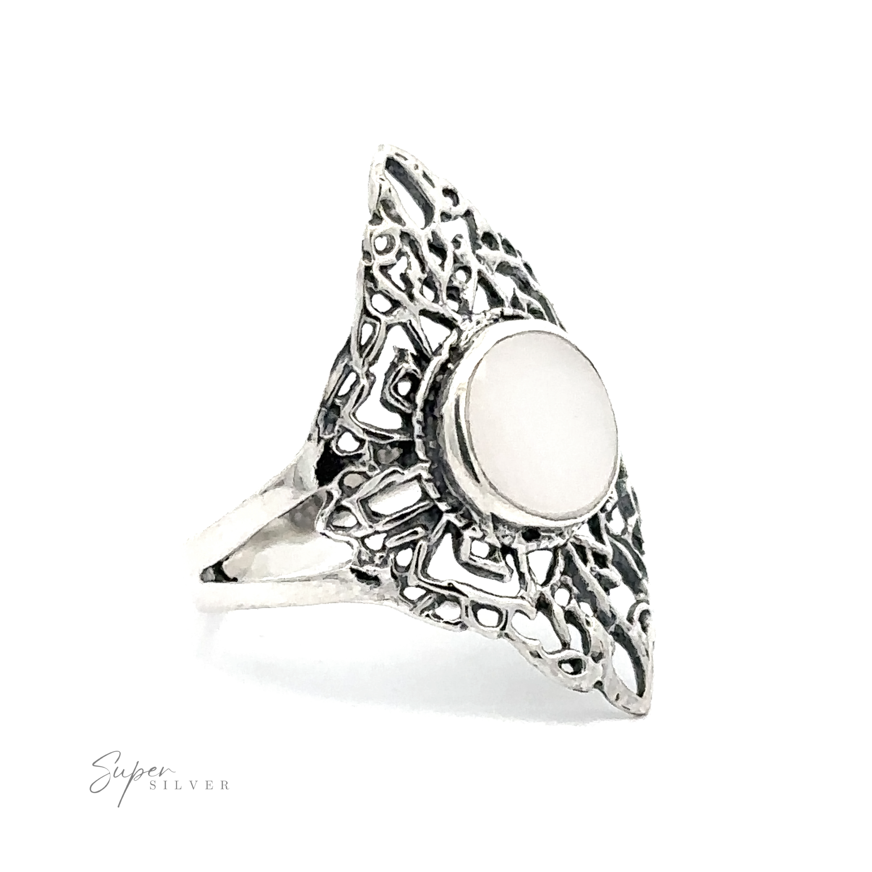 A Diamond Shaped Filigree Ring With A Round Inlaid Stone