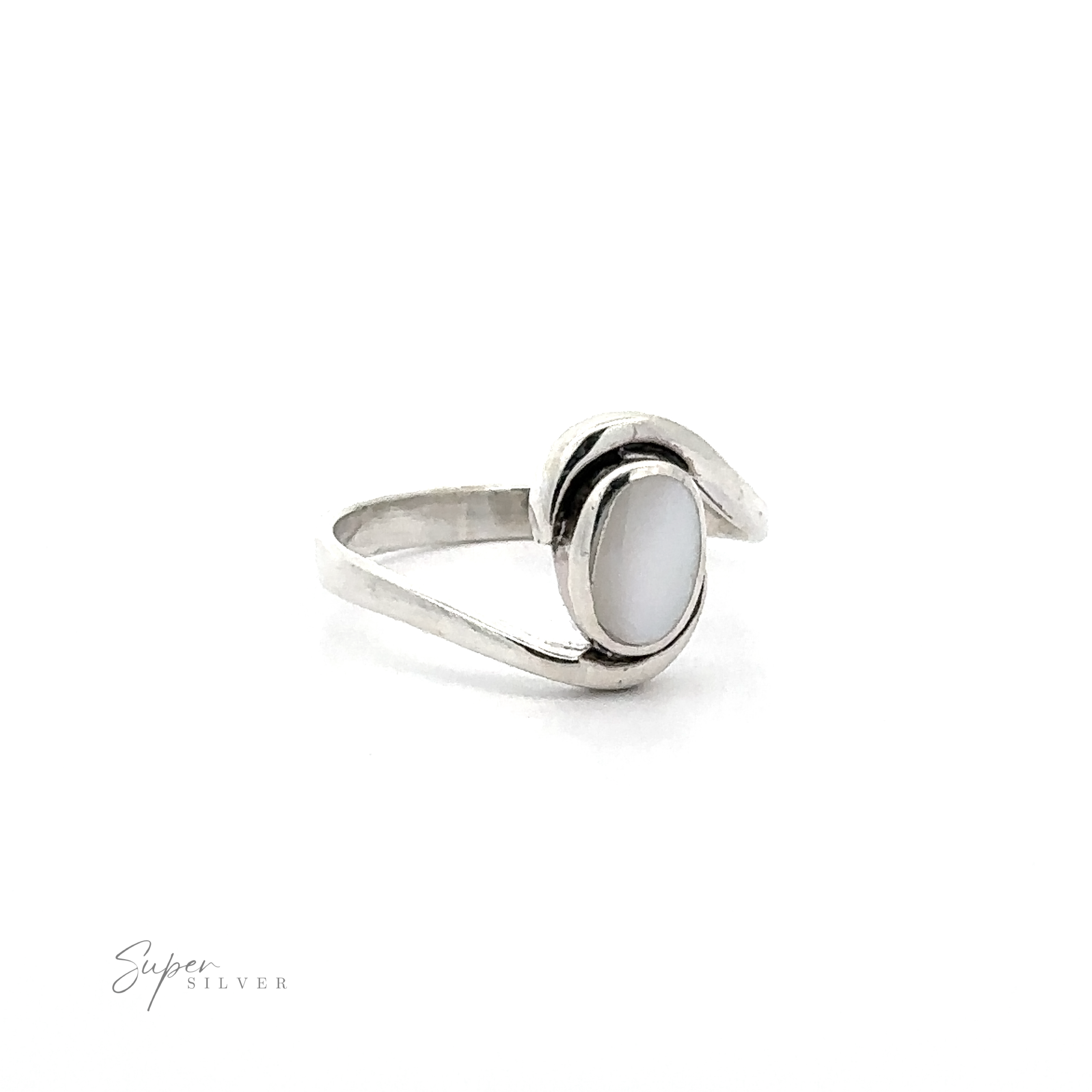 An Simple Freeform Ring with Oval Inlaid Stones with silver bands on a white background.