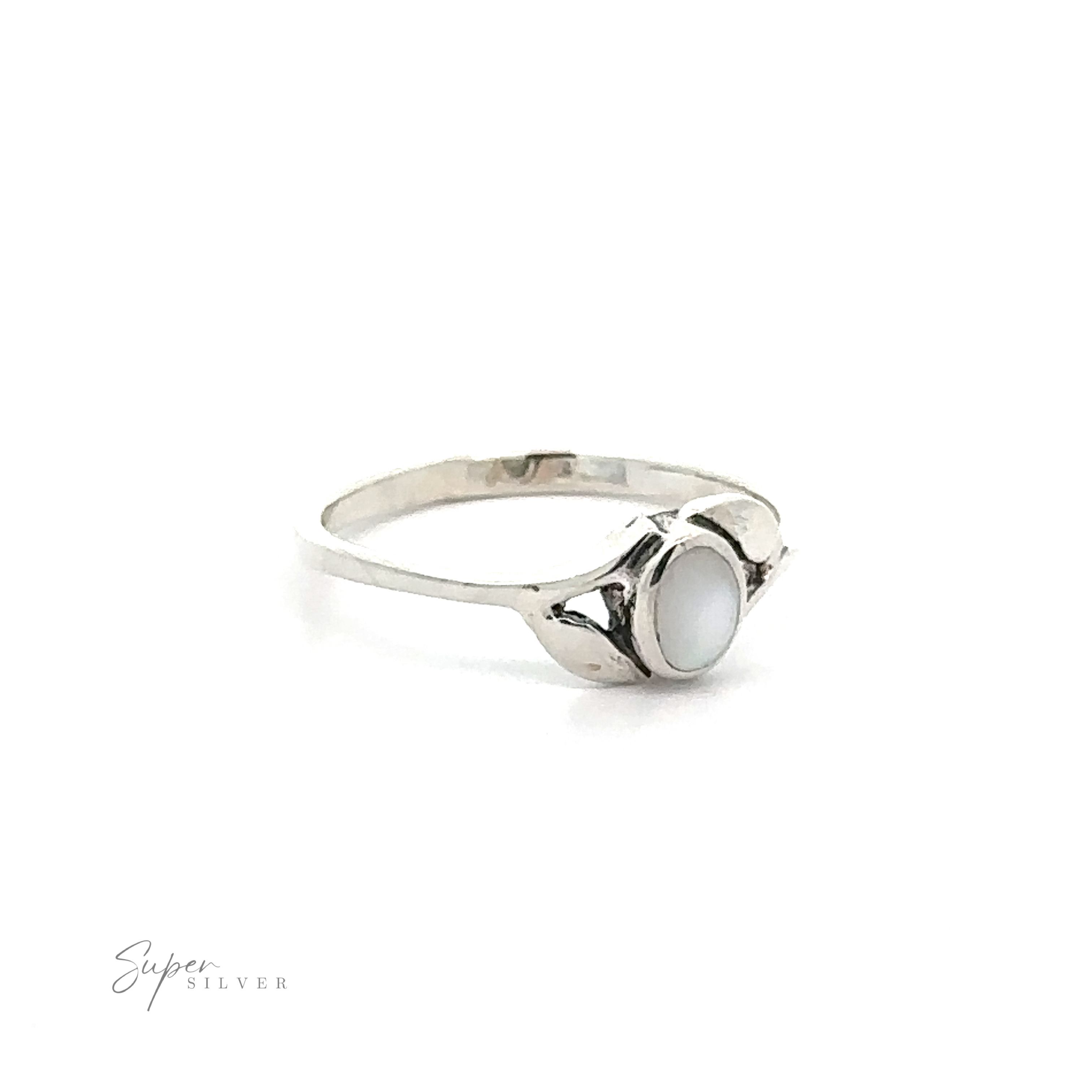 Dainty Oval Stone Ring with Leaf Accents with a single oval mother of pearl cabochon set against a white background.