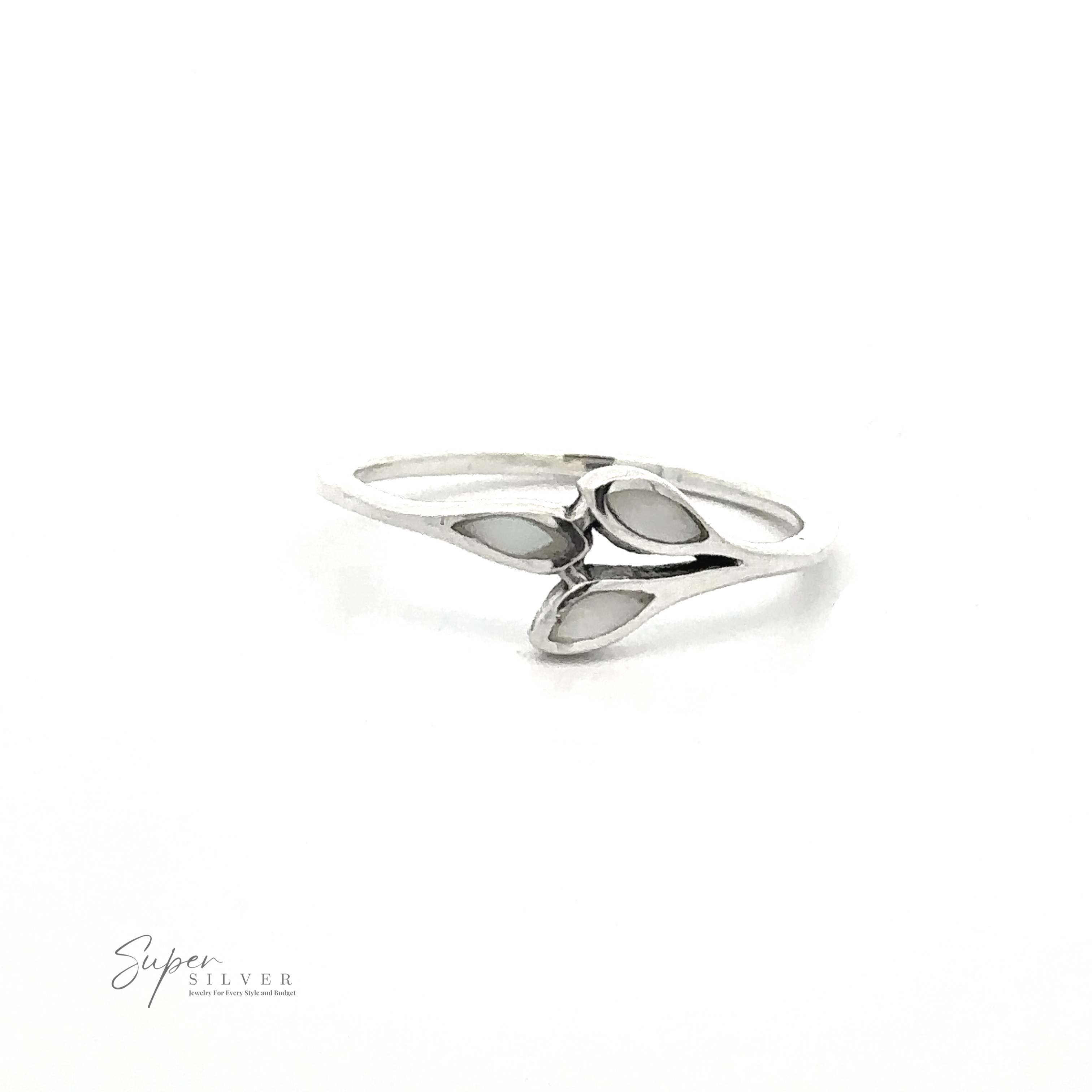 A delicate Tiny Leaves Ring with Inlaid Stones, displayed on a plain white background. The minimalist ring showcases the logo "Super Silver" in the bottom left corner.