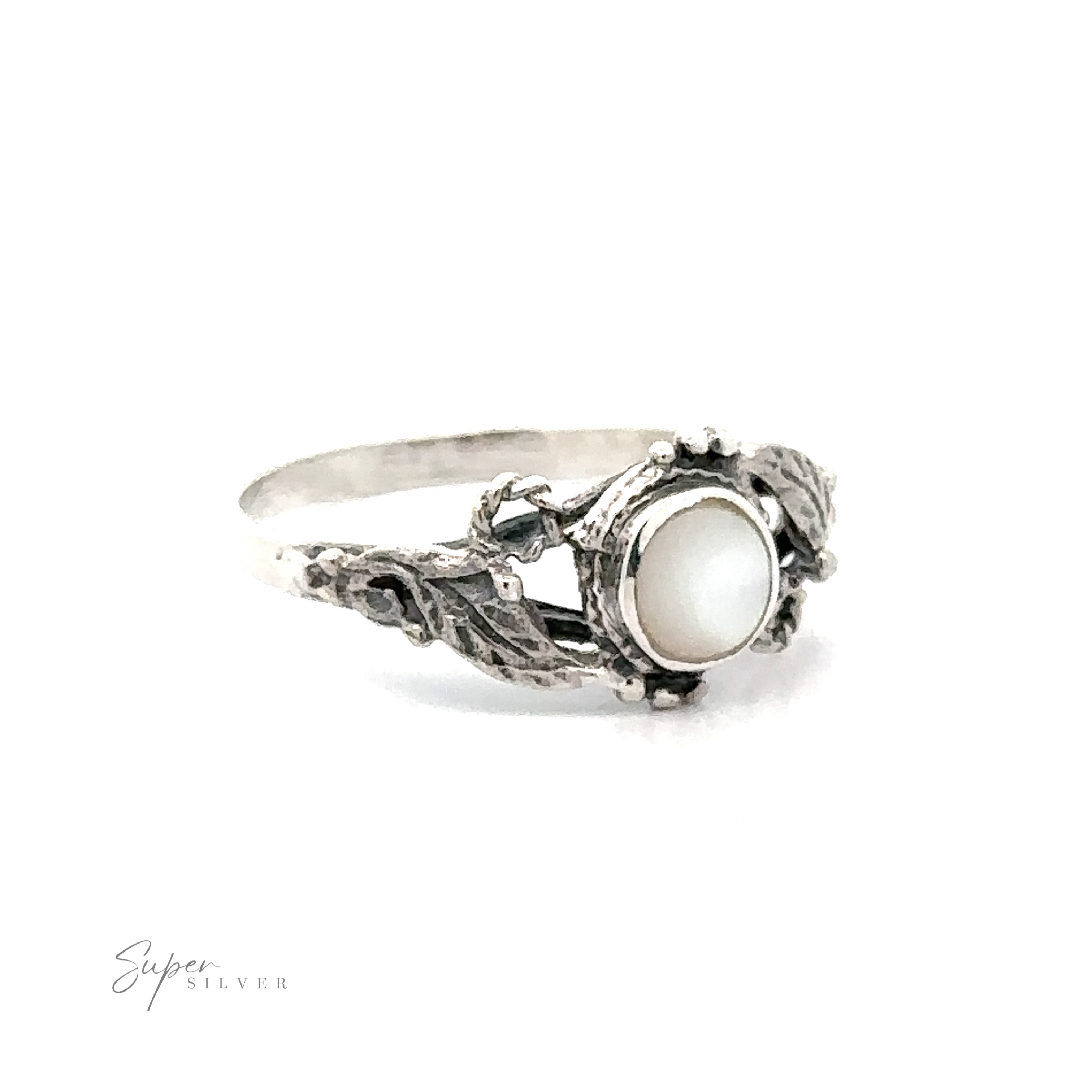 Rope and Leaves Inlay Stone ring with a white stone and elegant, ornate band displayed on a white background.