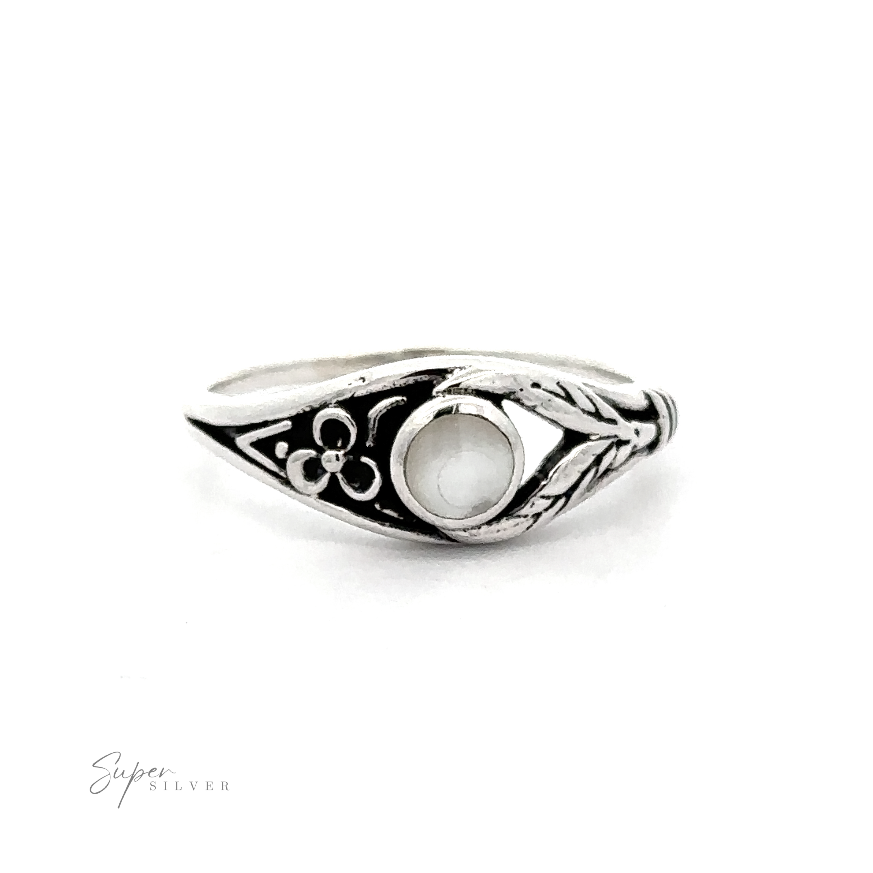 A Inlay Stone Ring with Flower and Leaf Design with a white stone and leaf design.