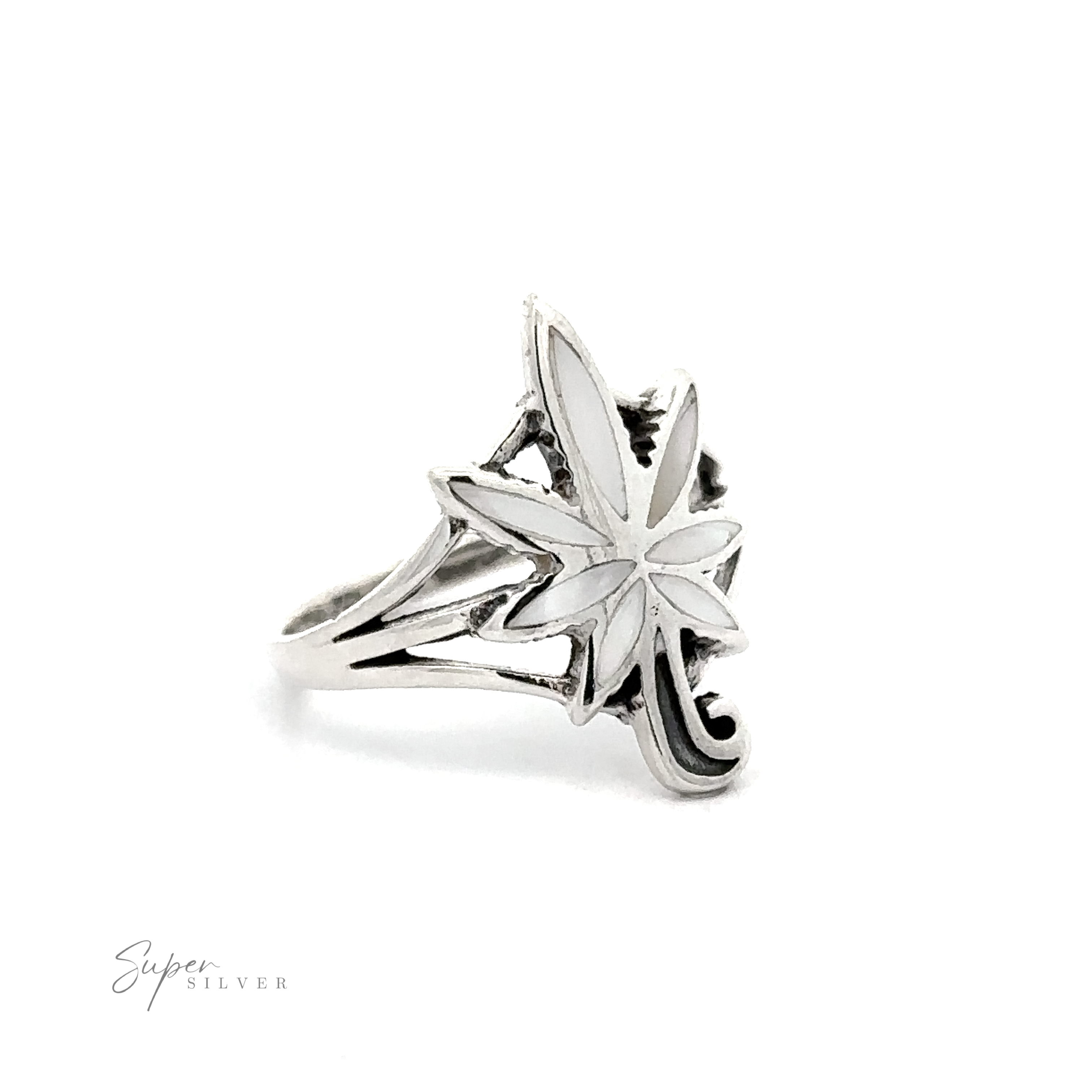 A Inlay Stone Marijuana Leaf ring with a leaf on it.