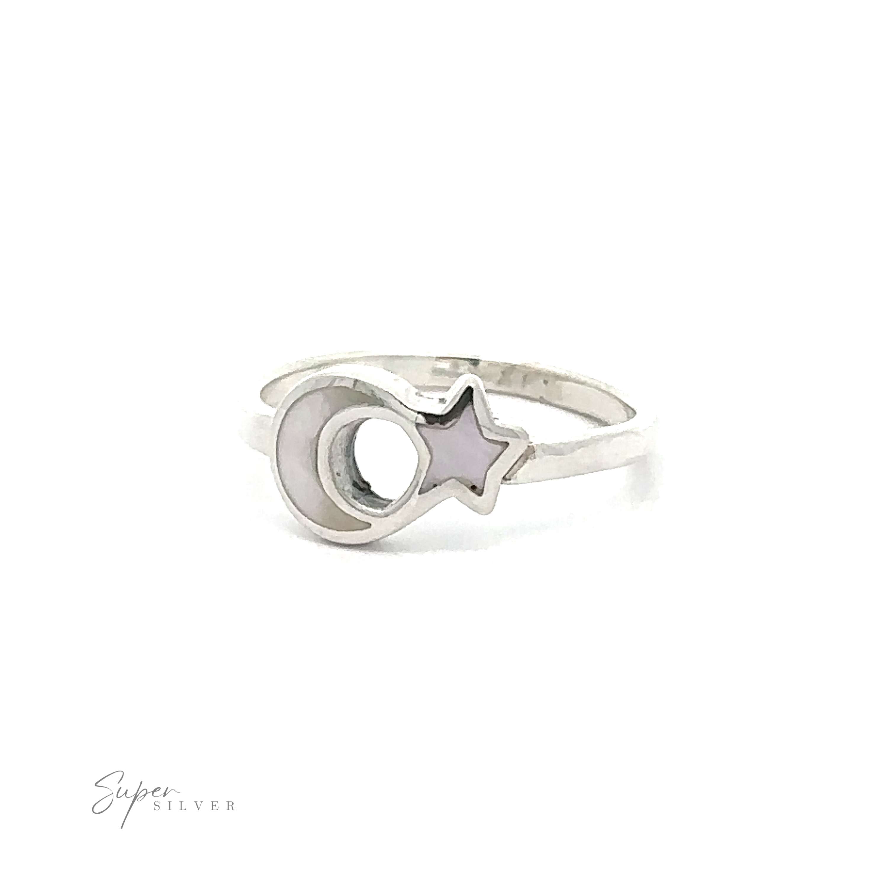A Crescent Moon And Star Ring with inlaid stones on a white background.