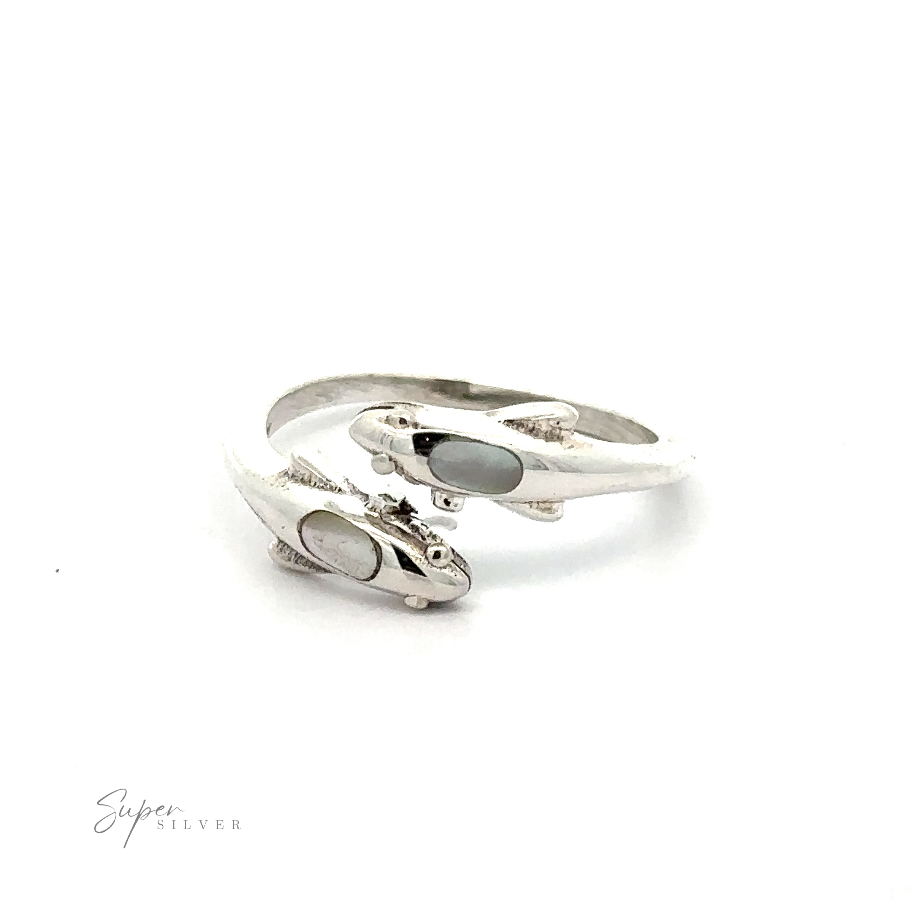 A sterling silver adjustable wrap ring featuring small oval black stones and detailed metalwork, presented on a white background.