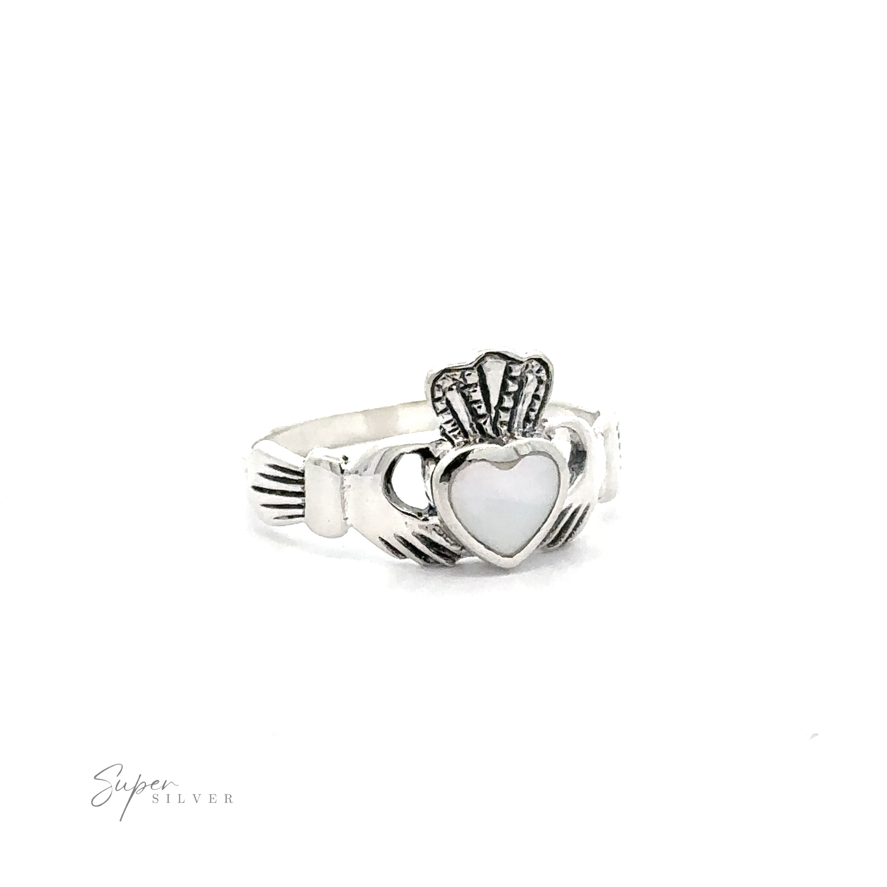 Claddagh Inlaid Stone Ring featuring a heart at the center flanked by hands and a crown, symbolizing Irish heritage, displayed on a white background.