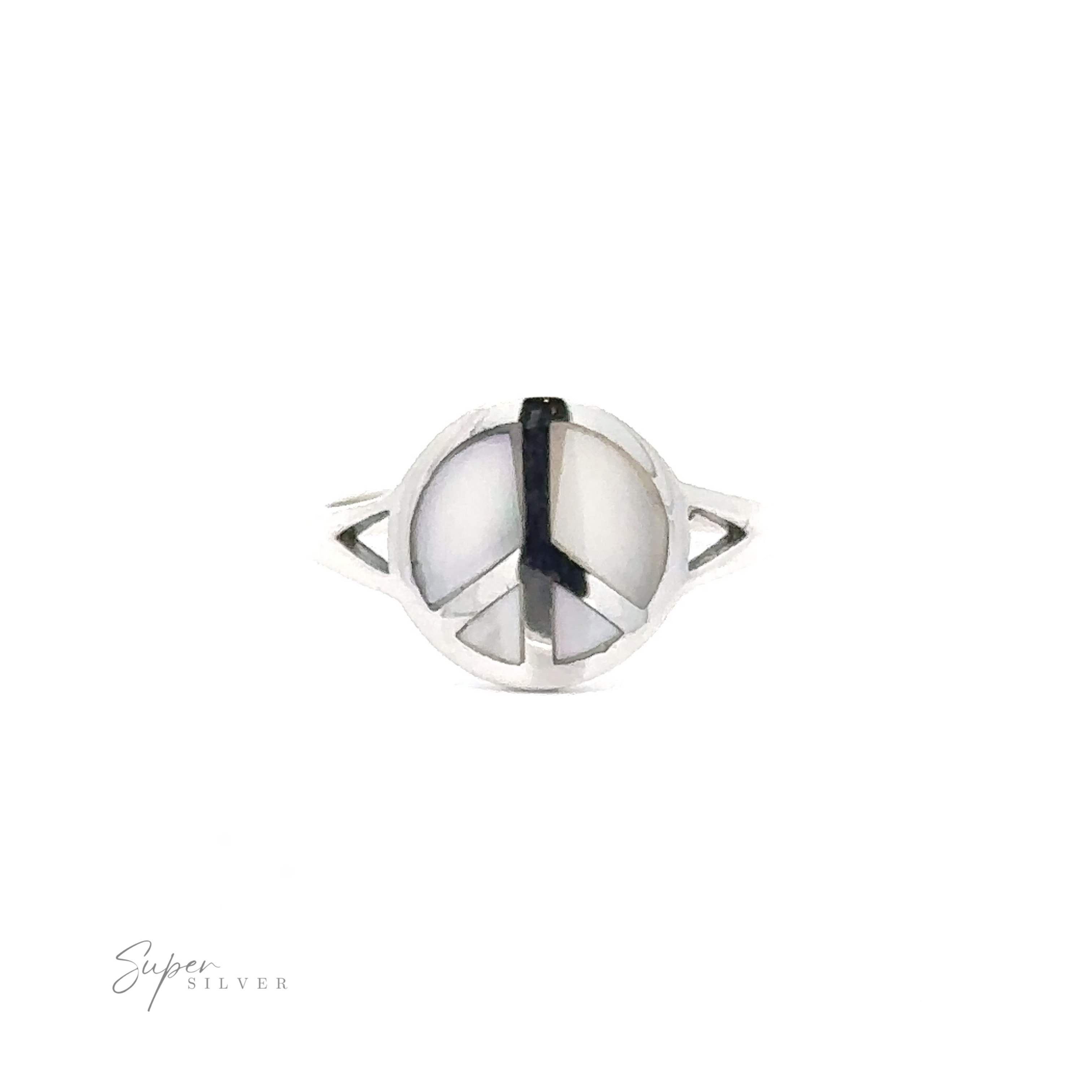 A Stone Inlay Peace Sign Ring adorned with a vibrant turquoise stone. The brand name "Super Silver" is visible in the lower-left corner.