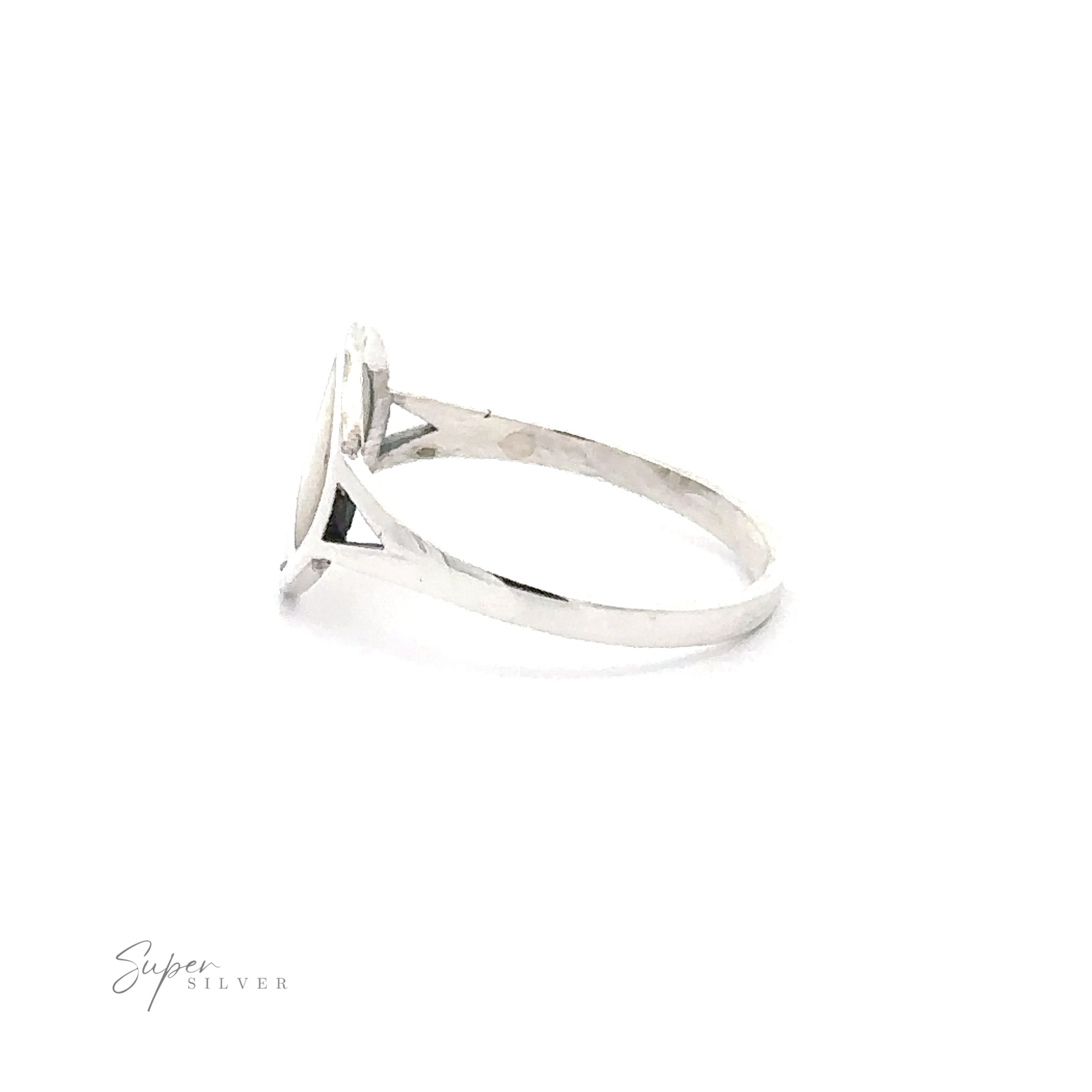 A thin, silver ring with a simple band and prong setting, photographed from the side against a white background. The words "Stone Inlay Peace Sign Ring" are in the bottom left corner, reminiscent of the understated elegance found in a peace sign ring.