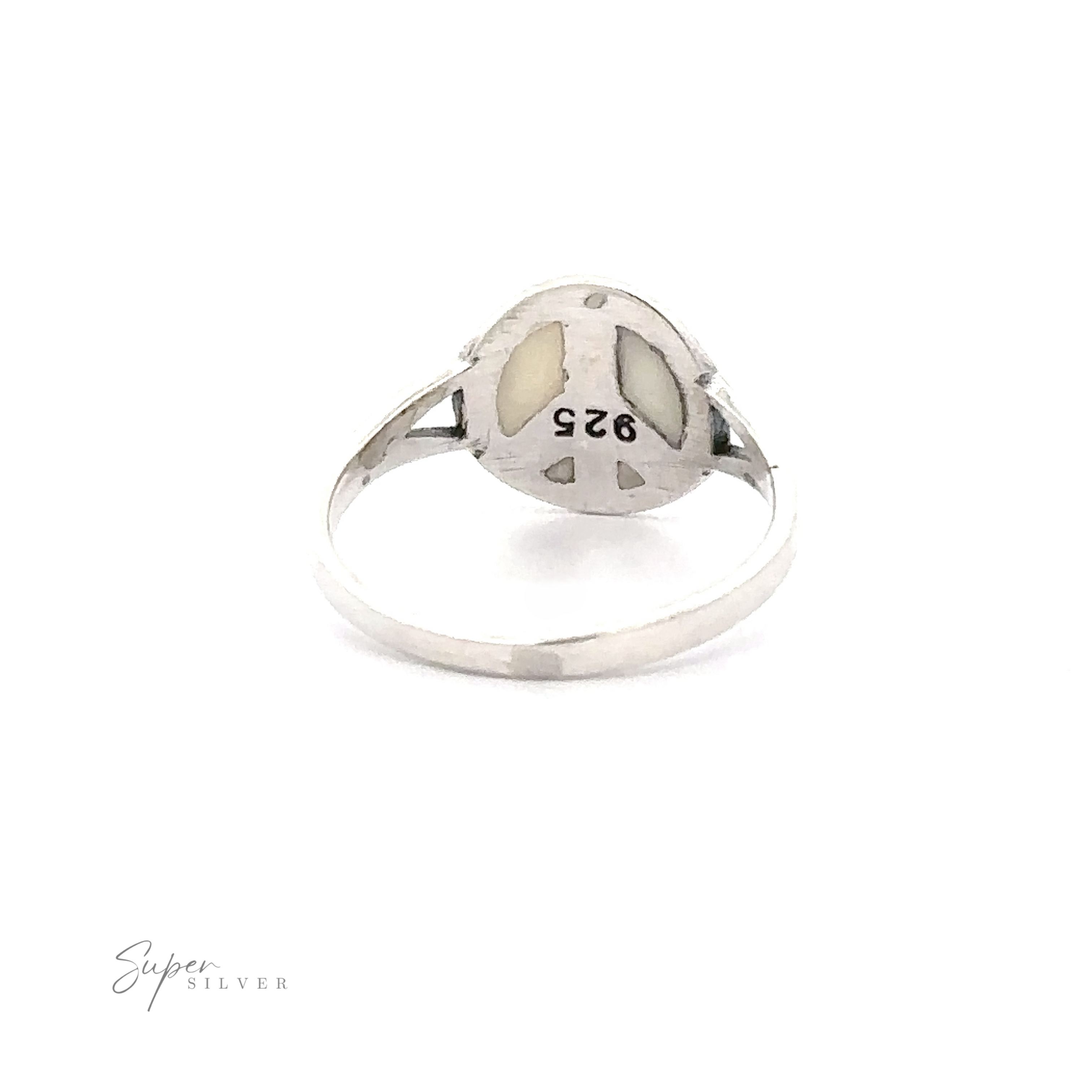 A Stone Inlay Peace Sign Ring with a plain band and "925" stamped inside the oval setting, featuring an elegant onyx center. The brand name "Super Silver" is visible in the lower-left corner.
