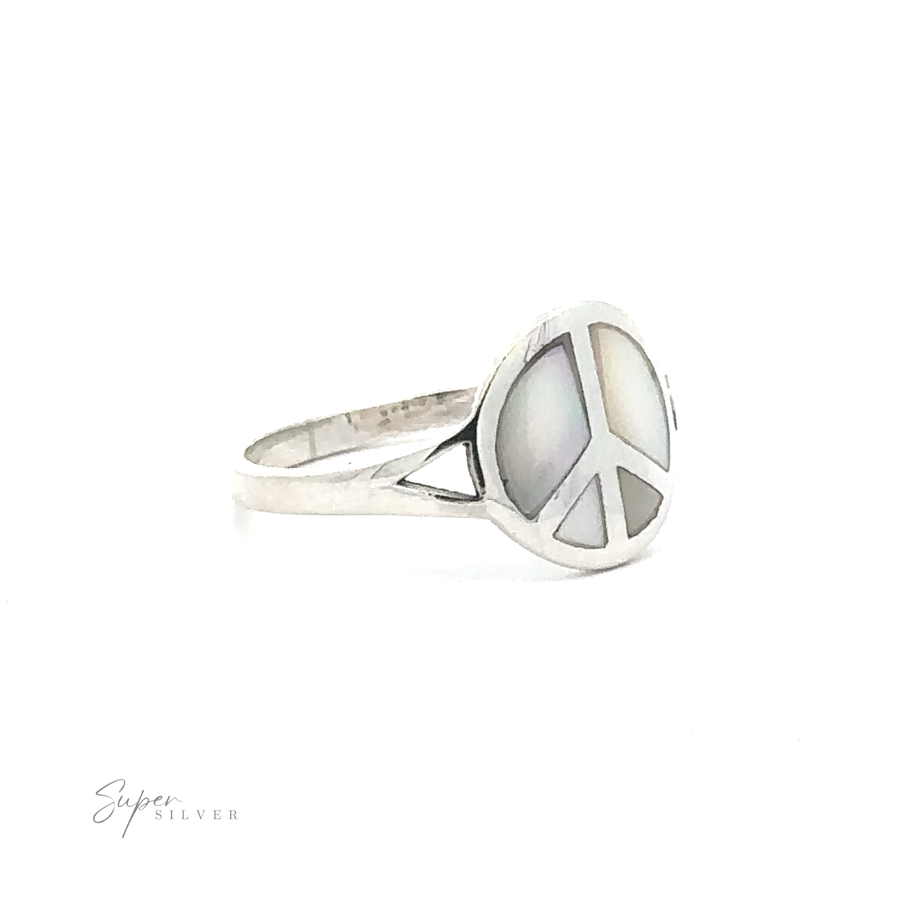 A stunning Stone Inlay Peace Sign Ring, featuring a silver band with an intricate design and a mother-of-pearl inlay. The face of the ring proudly displays the peace sign, enhanced by the text "Super Silver" in the bottom left corner. This elegant piece also incorporates accents of onyx for added sophistication.