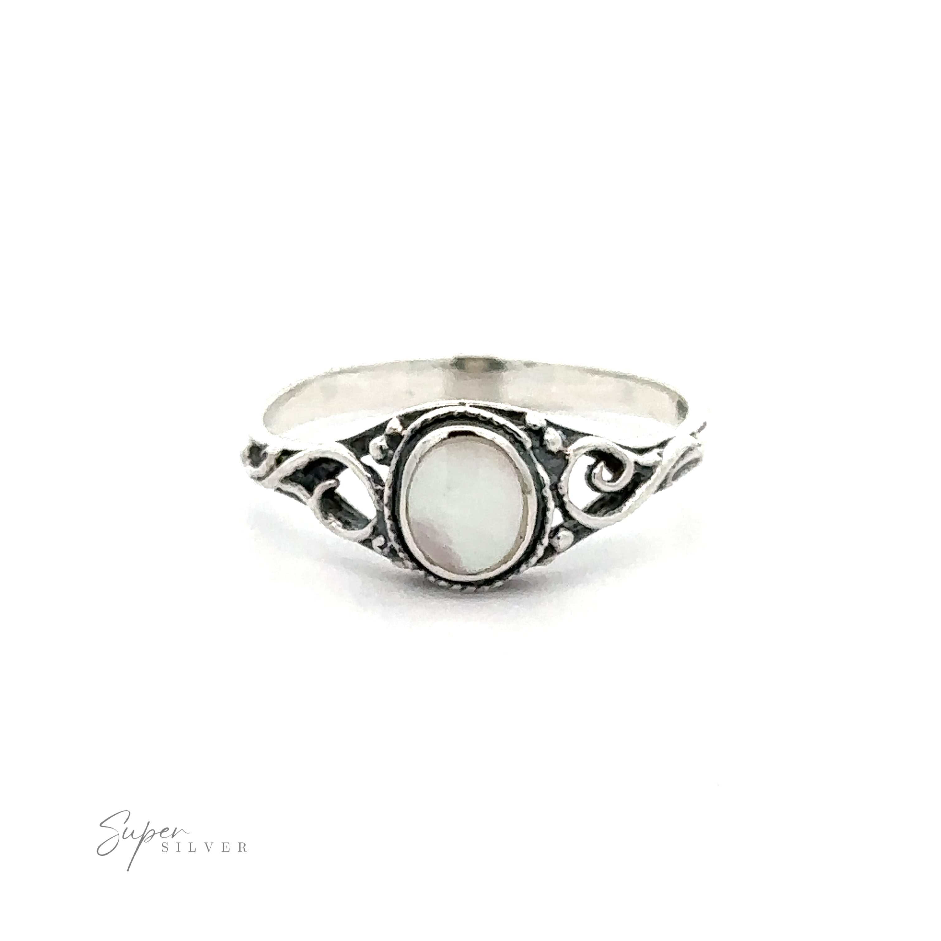 A sterling silver ring with an Oval Inlay Stone Ring with Swirls of mother of pearl.
